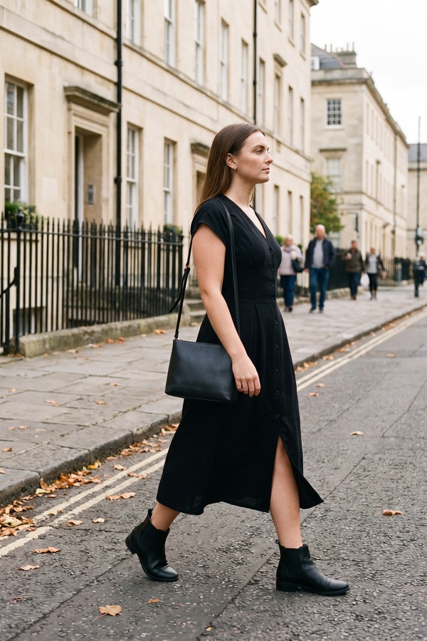 Reeva Button Down Cap Sleeve Midi Dress - Black