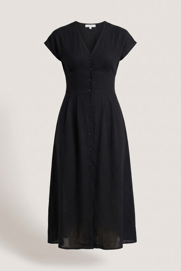 Reeva Button Down Cap Sleeve Midi Dress - Black