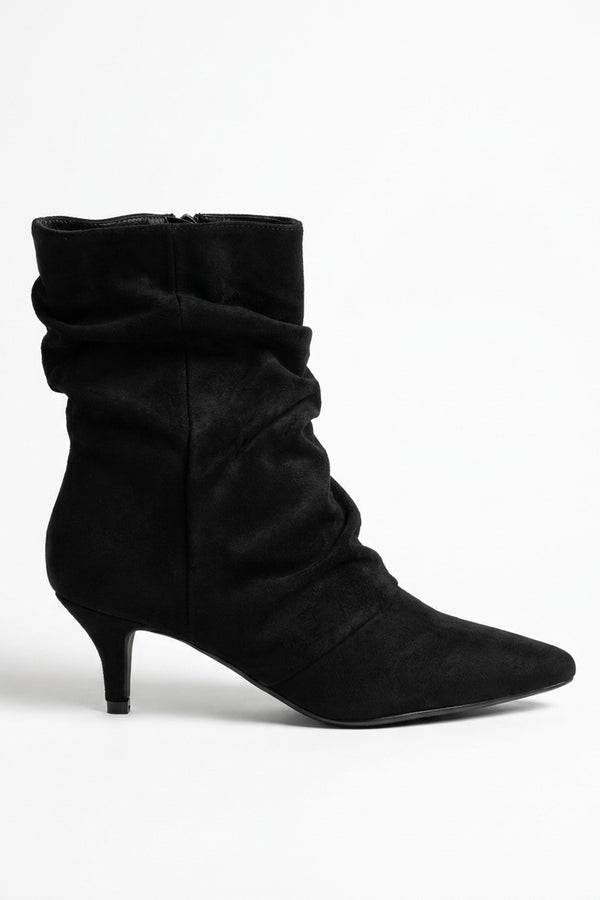 Petronella Faux Suede Slouch Kitten Heel Ankle Boots - Black