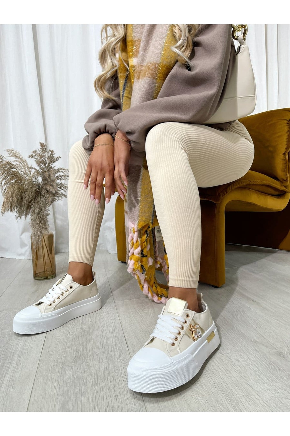 Calista Luxe Bee Decorative Lace Up Platform Trainers - Beige