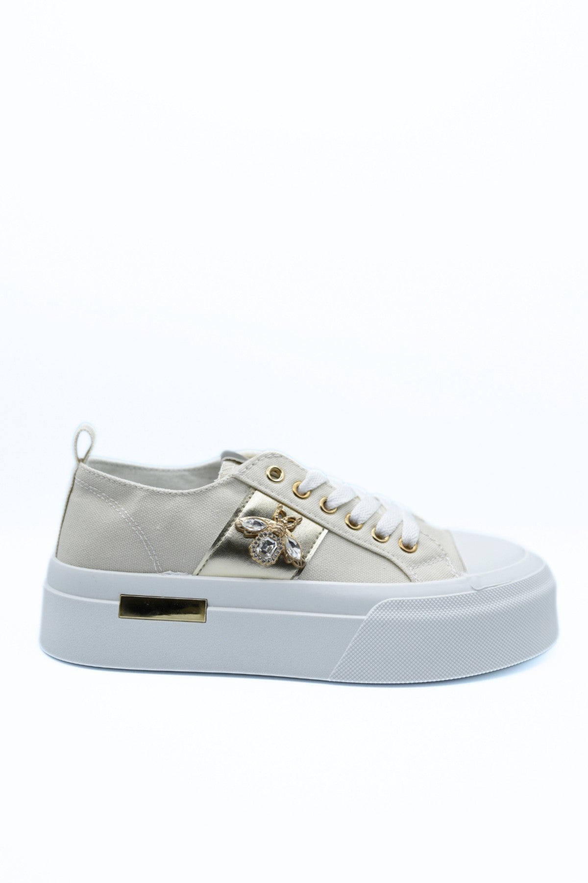 Calista Luxe Bee Decorative Lace Up Platform Trainers - Beige