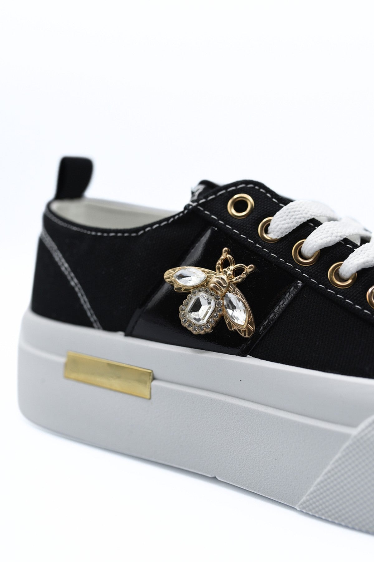 Calista Luxe Bee Decorative Lace Up Platform Trainers - Black