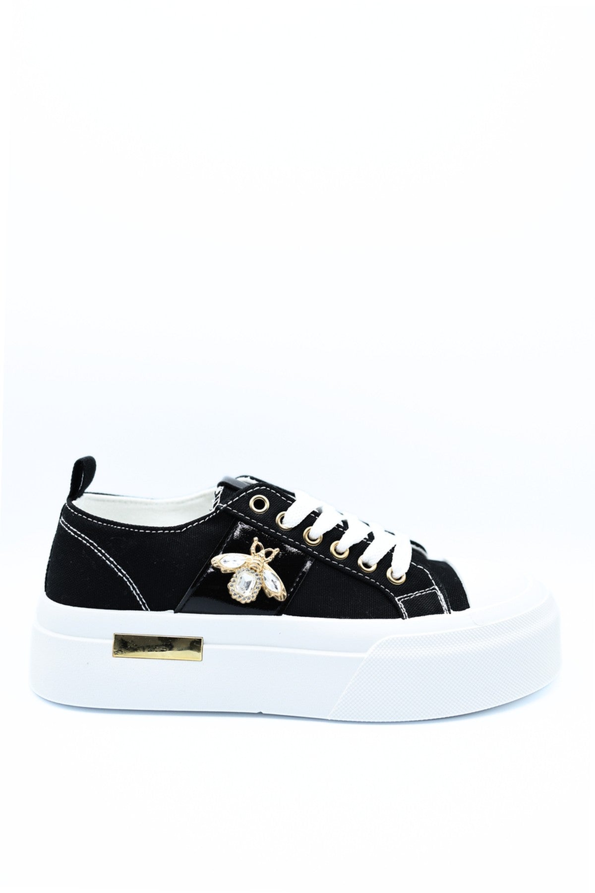 Calista Luxe Bee Decorative Lace Up Platform Trainers - Black