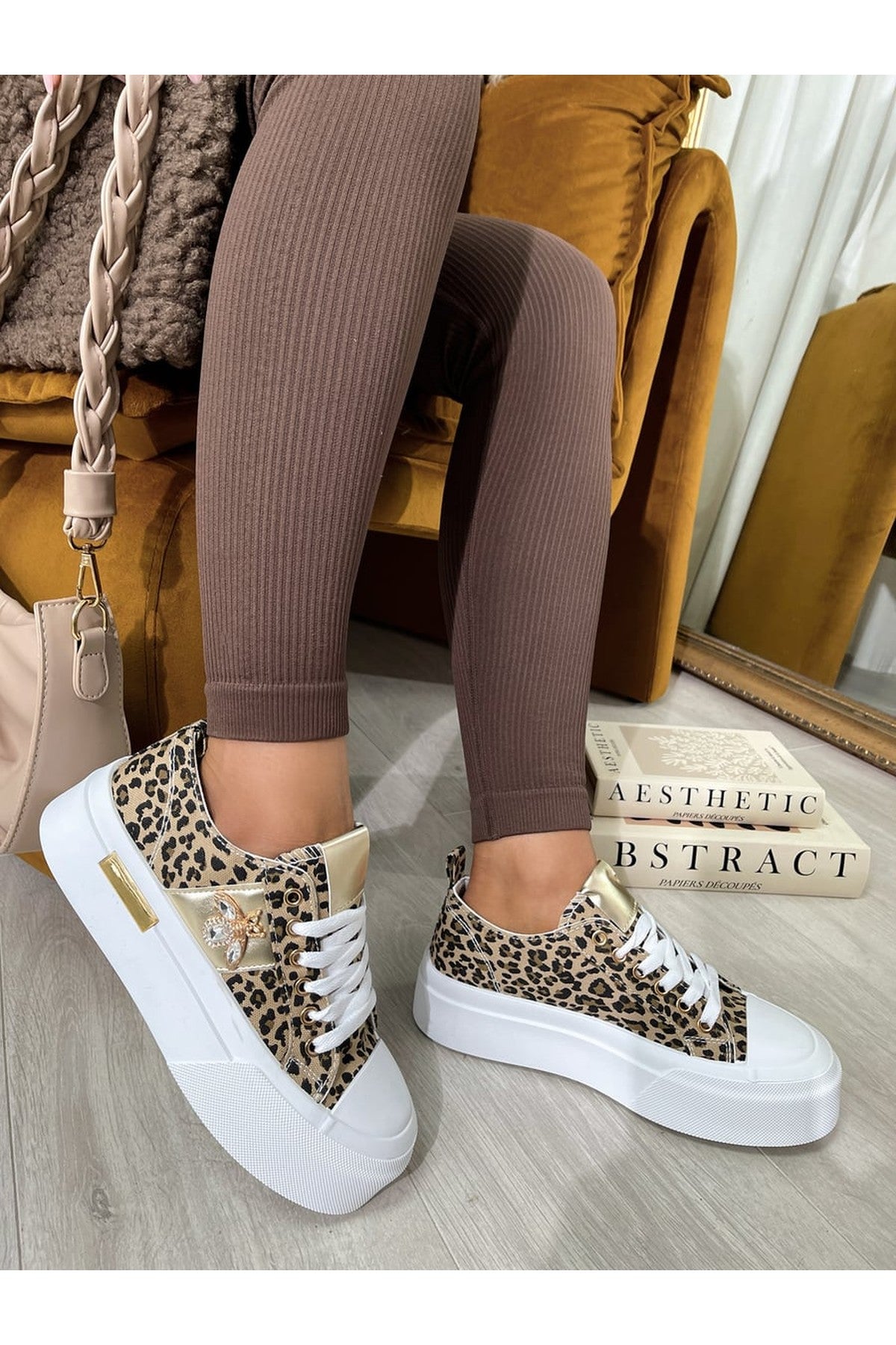 Calista Luxe Bee Decorative Lace Up Platform Trainers - Leopard