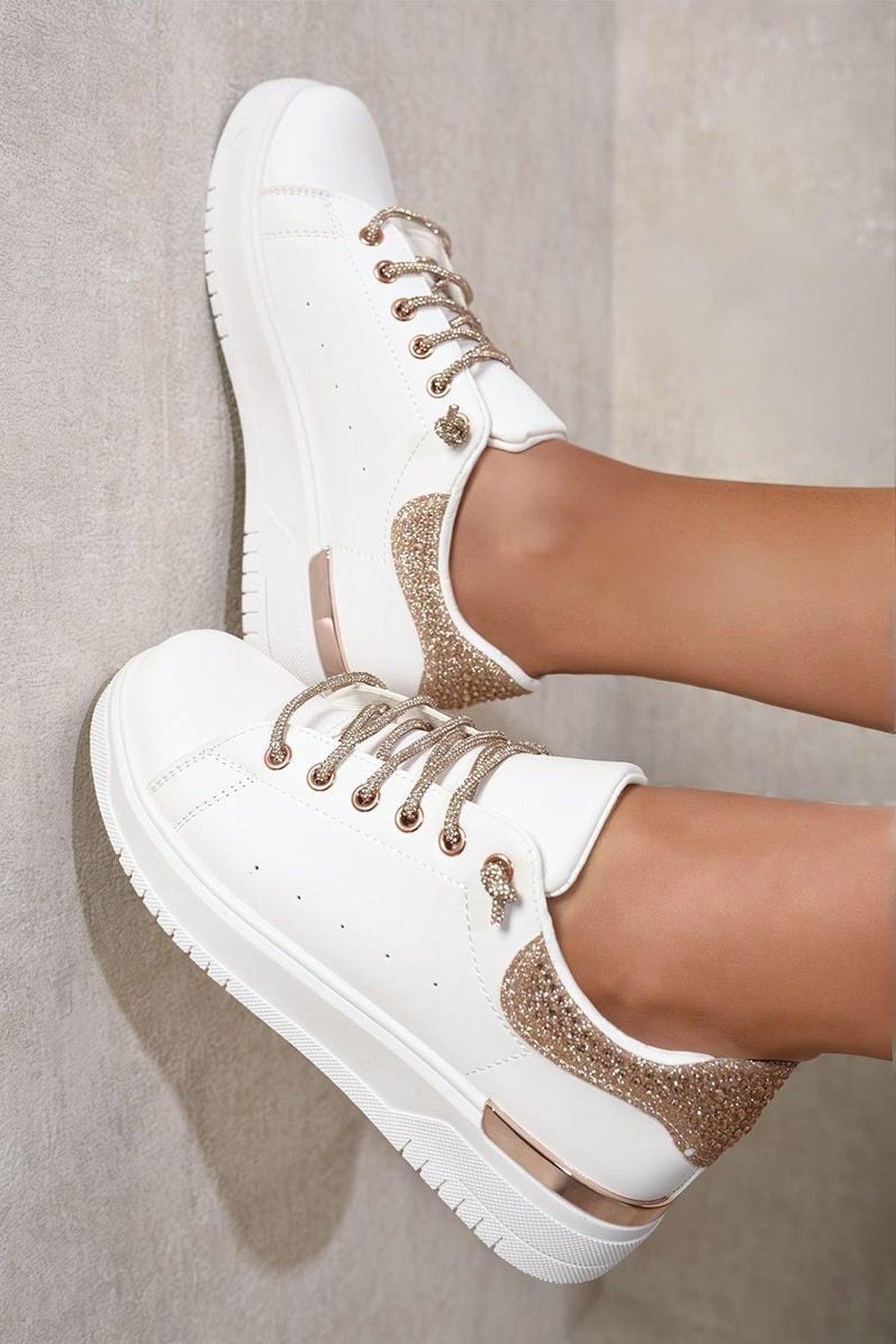 Callie Embellished Lace Platform Trainers - Champagne
