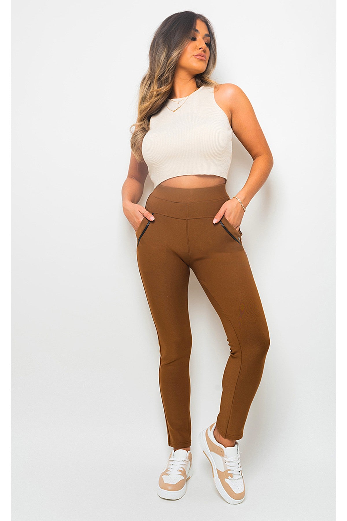 Carmela High Waist Double Band Pocket Leggings - Camel