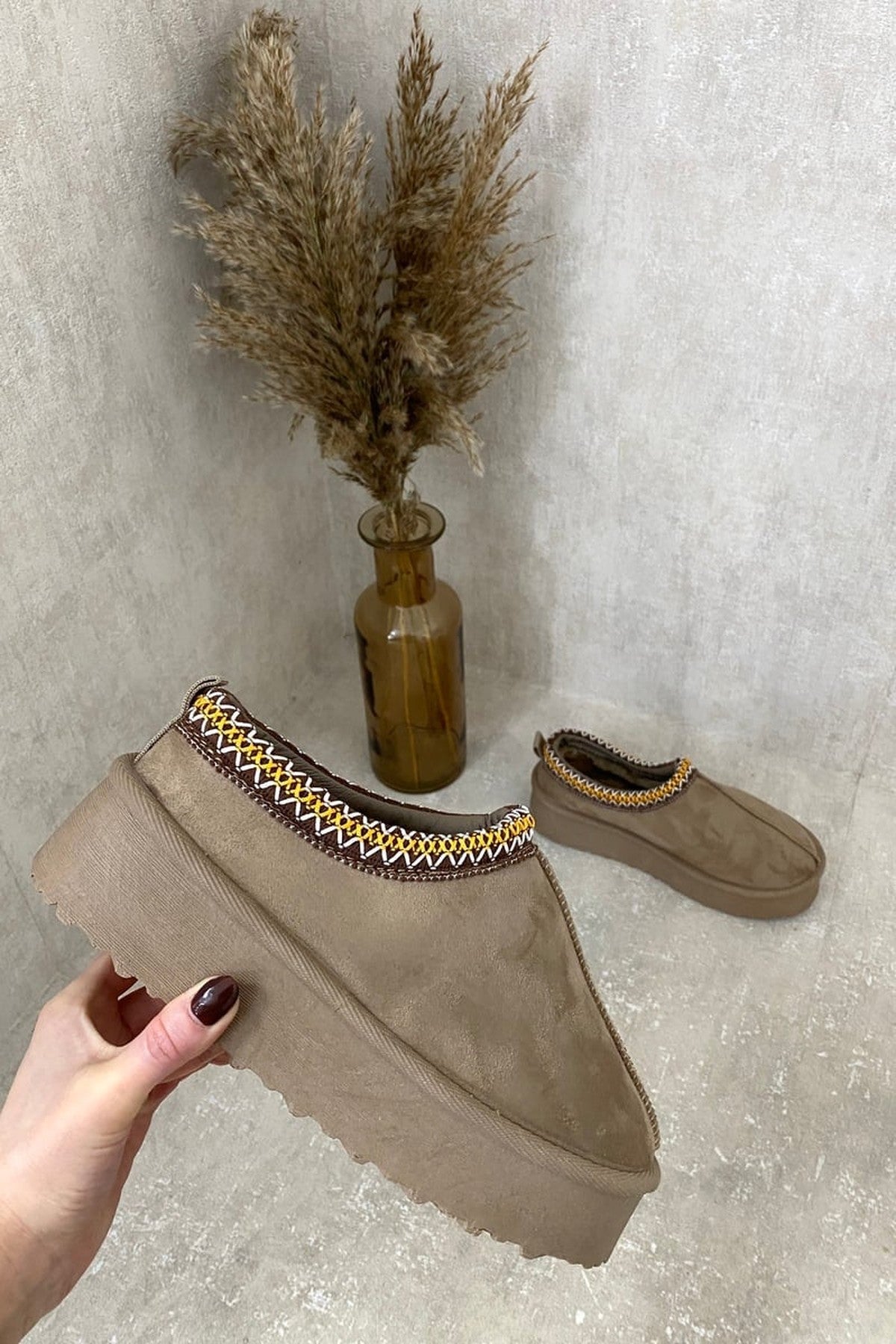 Jolene Aztec Detail Low Ankle Platform Slipper Boots - Camel