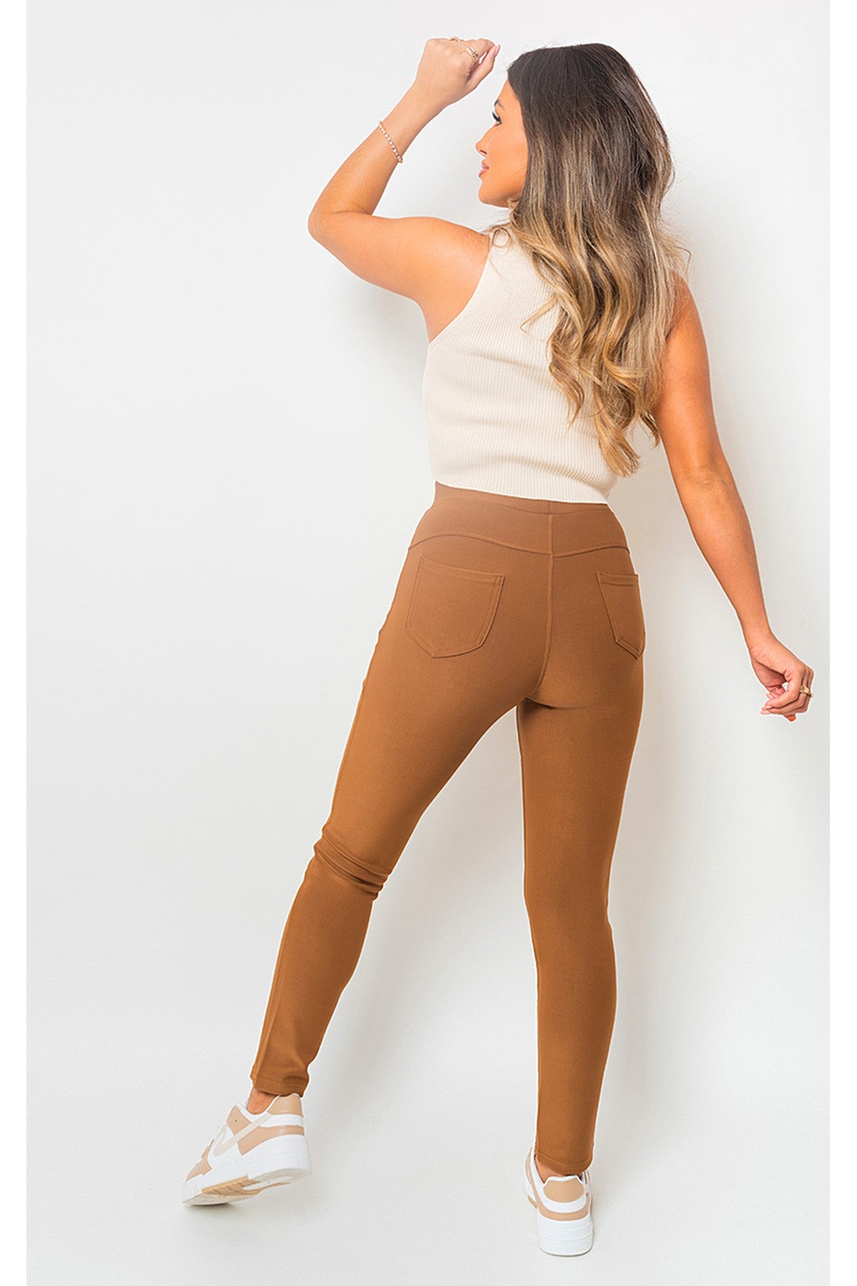 Carmela High Waist Double Band Pocket Leggings - Camel
