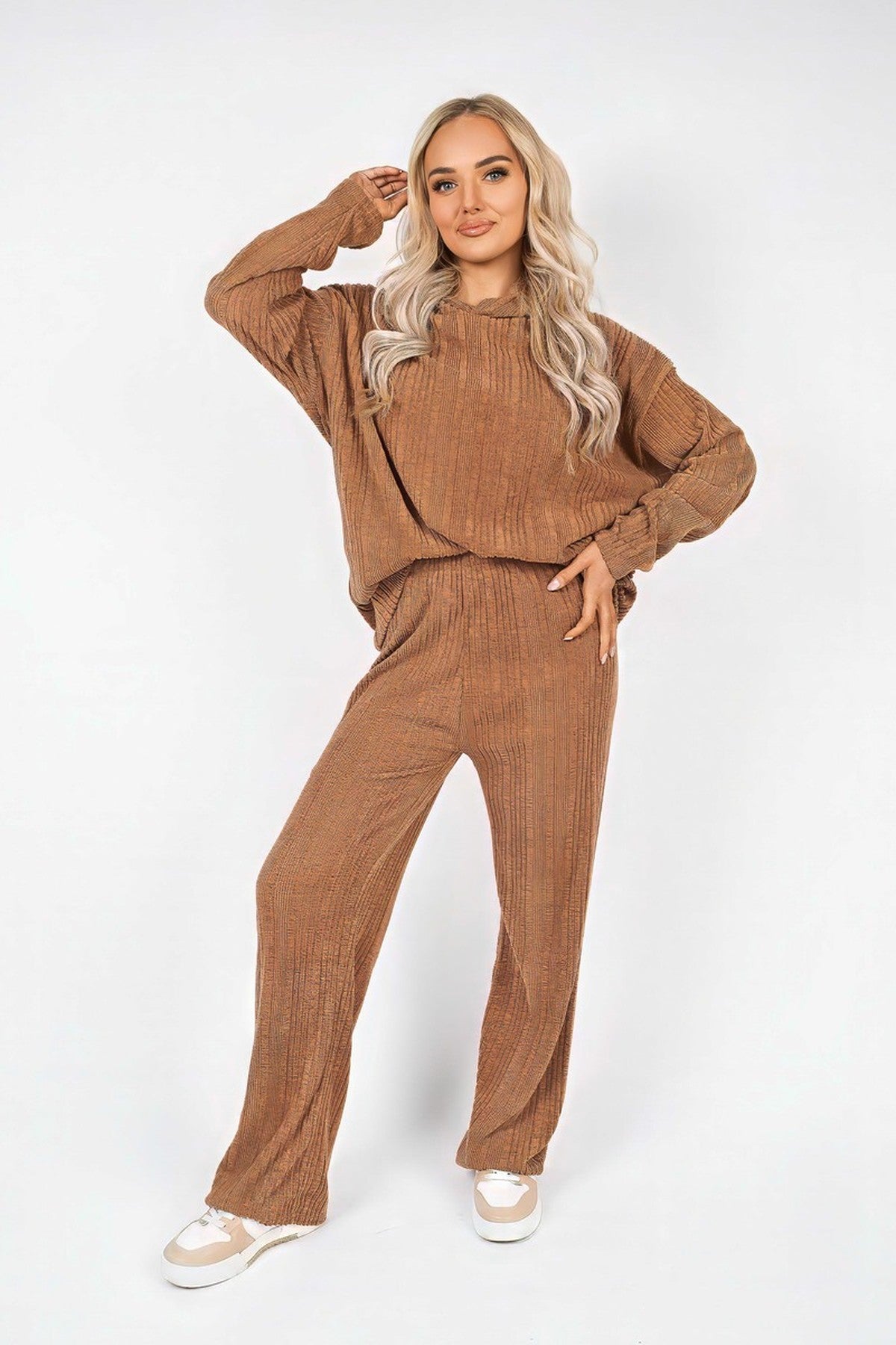 Zayana Hooded Ribbed Oversized Top And Wide Leg Lounge Co-ord Set - Caramel