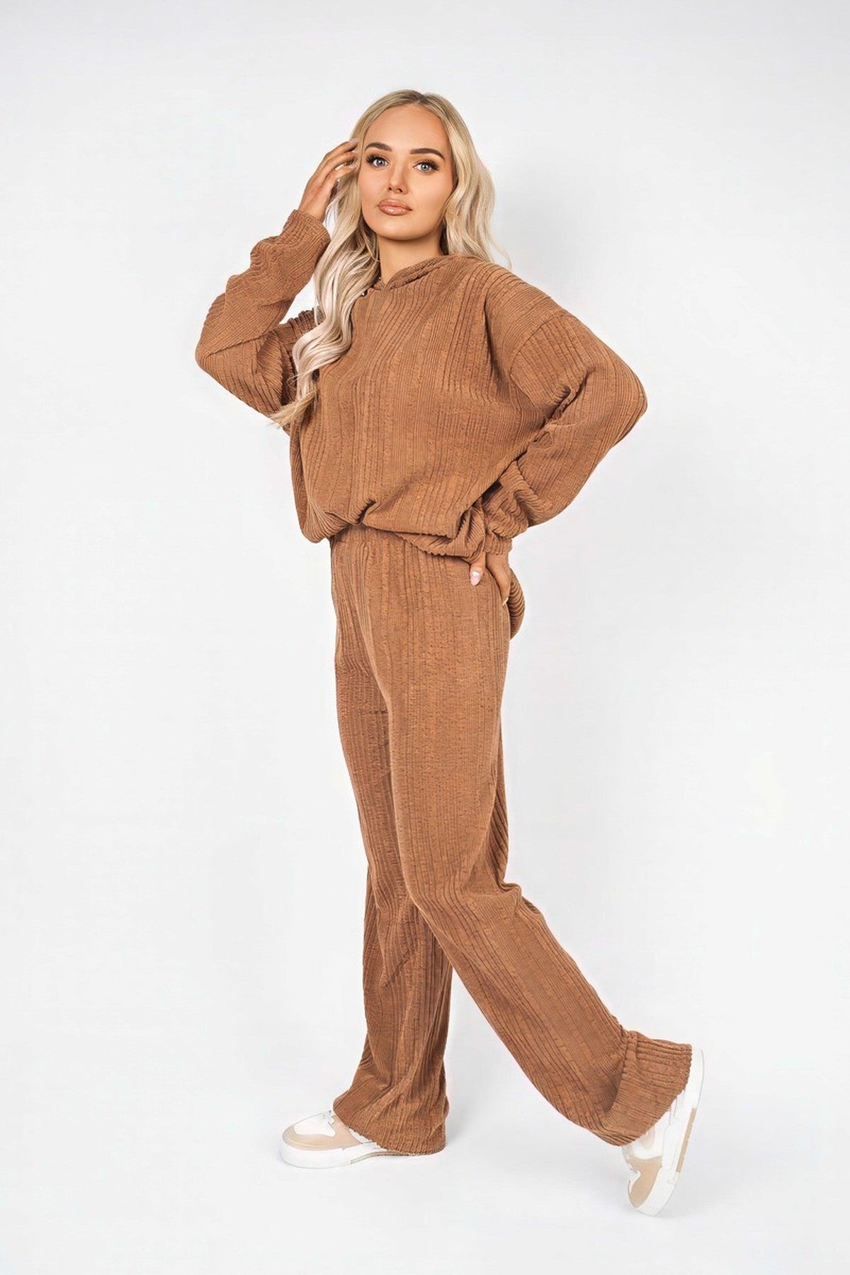 Zayana Hooded Ribbed Oversized Top And Wide Leg Lounge Co-ord Set - Caramel