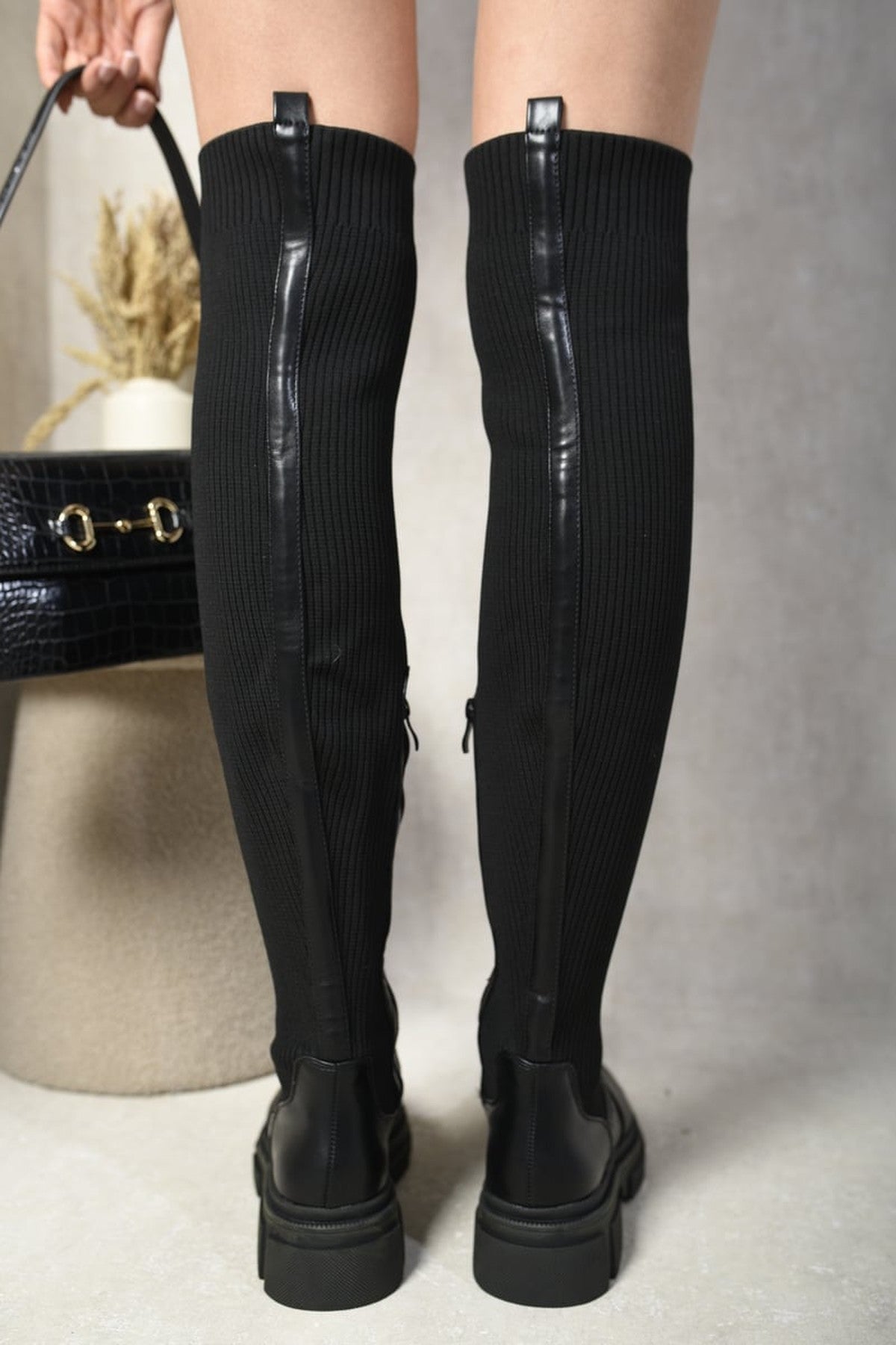 Carla Knitted Platform Over The Knee Chunky Boots - Black