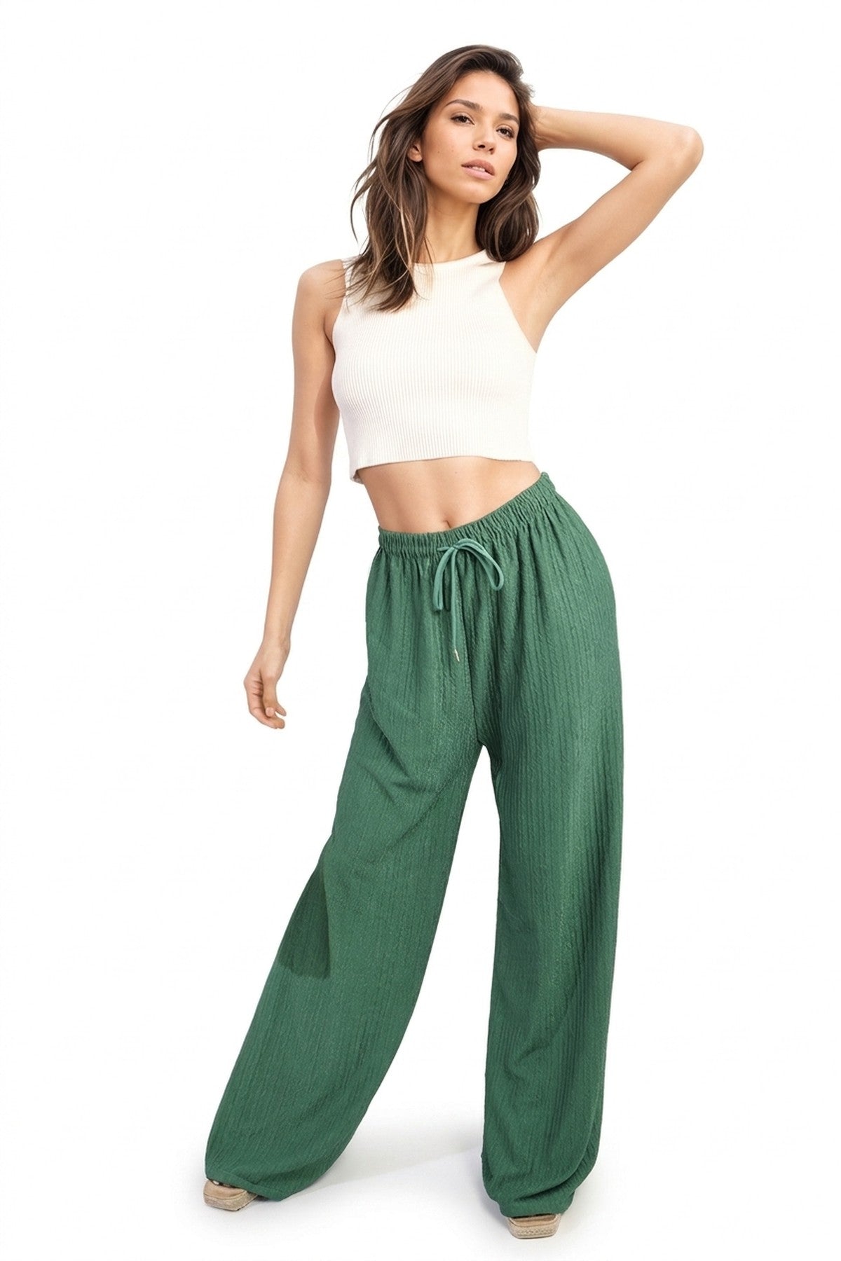Carla Textured Wide Leg Drawstring Trousers - GREEN