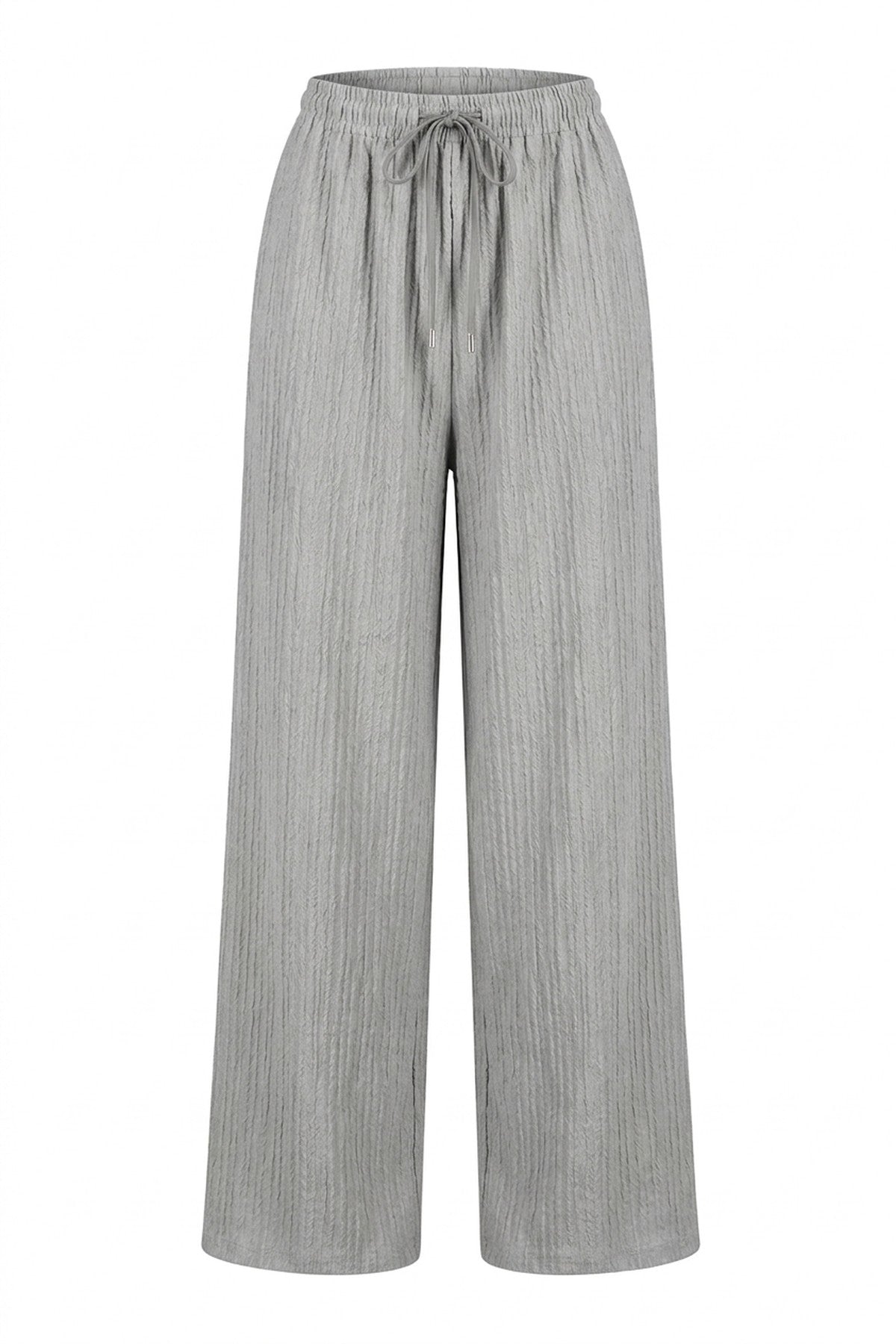Carla Textured Wide Leg Drawstring Trousers - GREY_wb