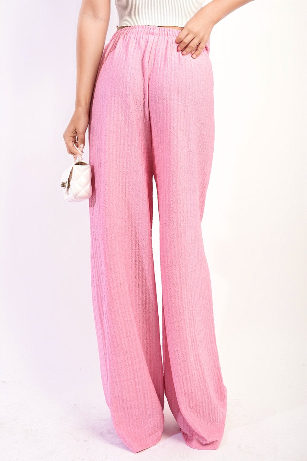 Carla Textured Wide Leg Drawstring Trousers - Pink