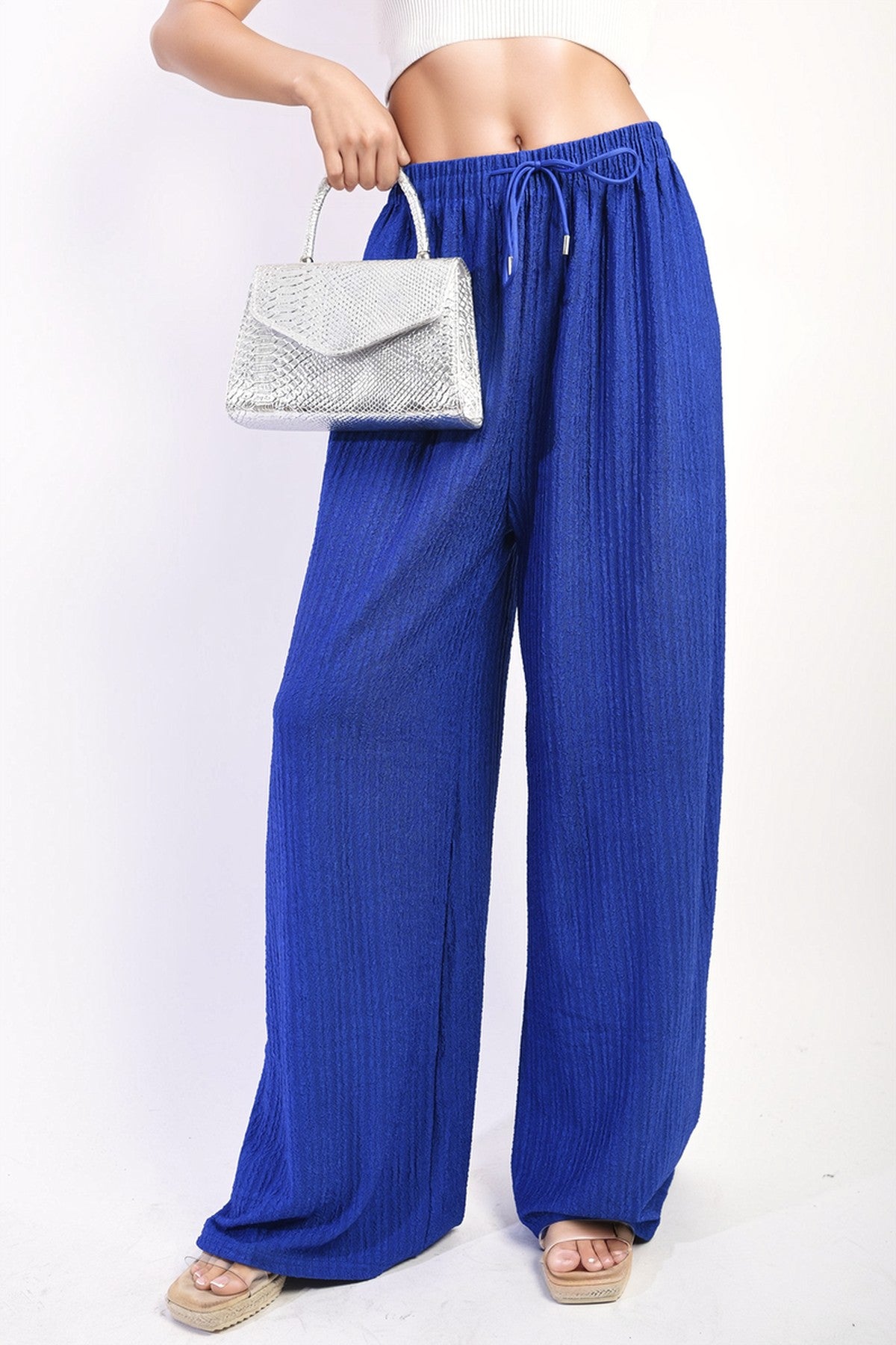 Carla Textured Wide Leg Drawstring Trousers - Royal