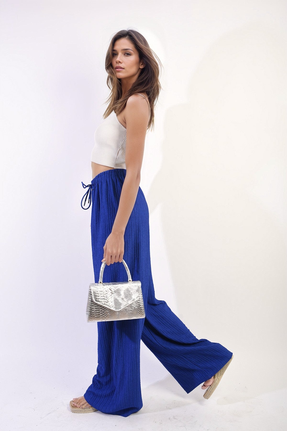 Carla Textured Wide Leg Drawstring Trousers - Royal