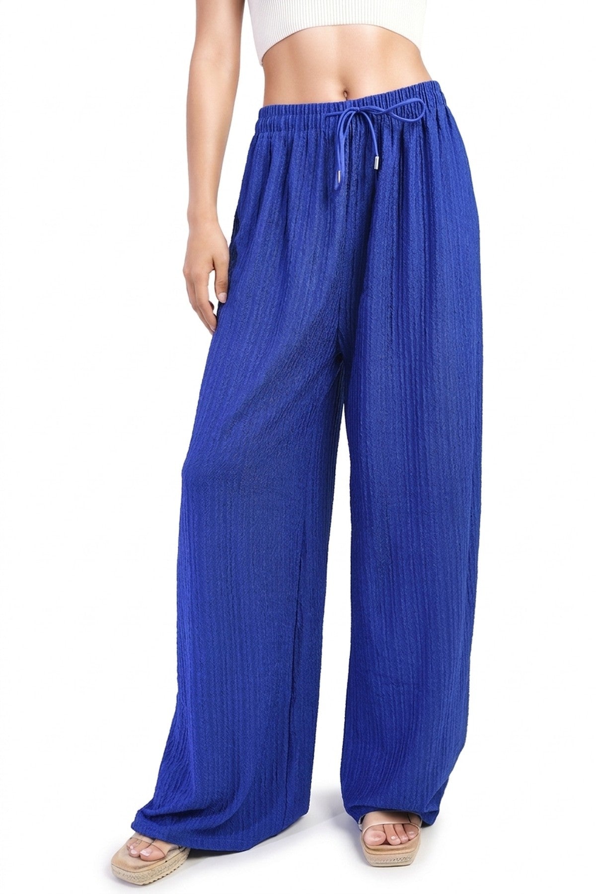 Carla Textured Wide Leg Drawstring Trousers - Royal