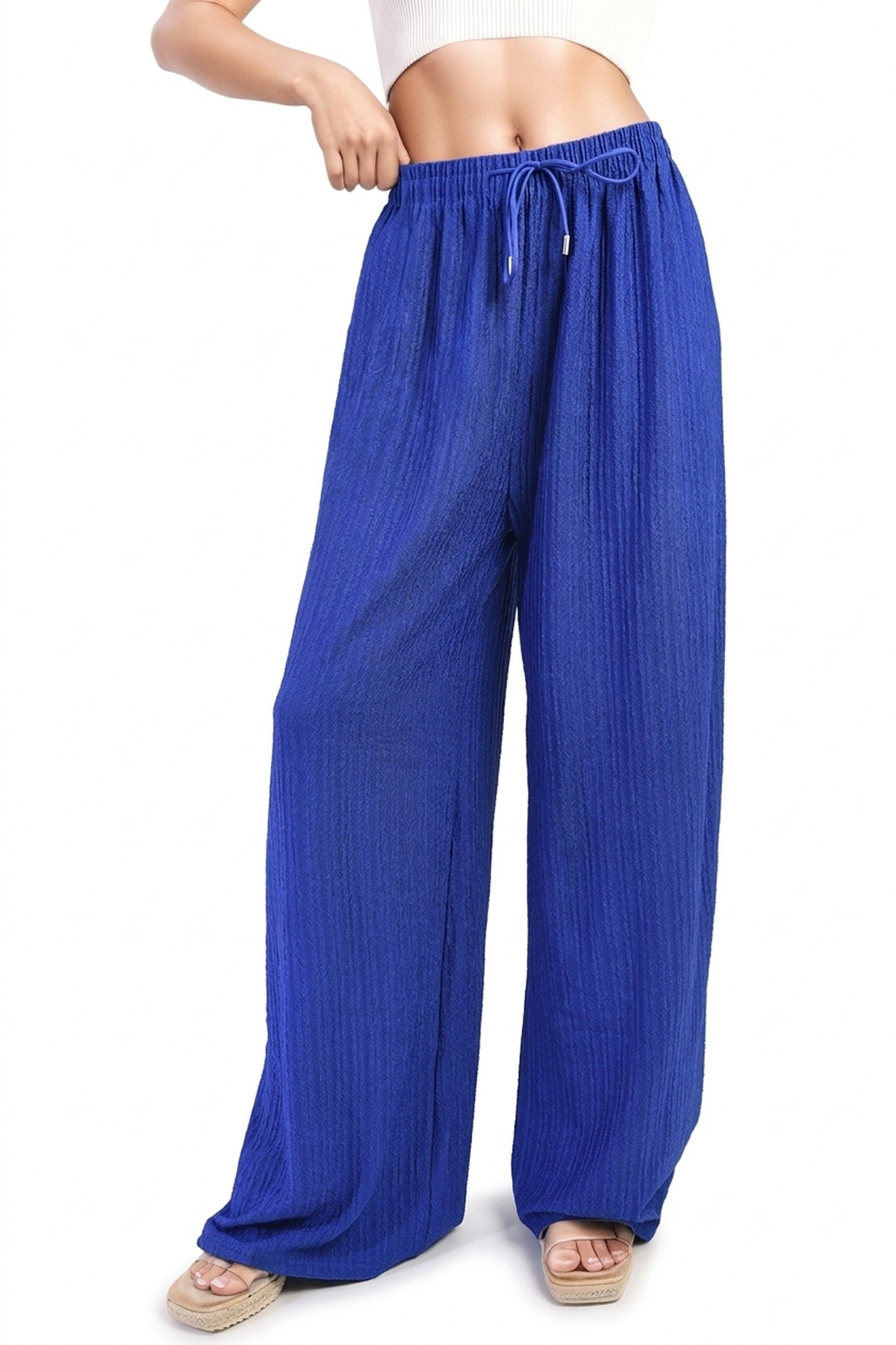 Carla Textured Wide Leg Drawstring Trousers - Royal_wb