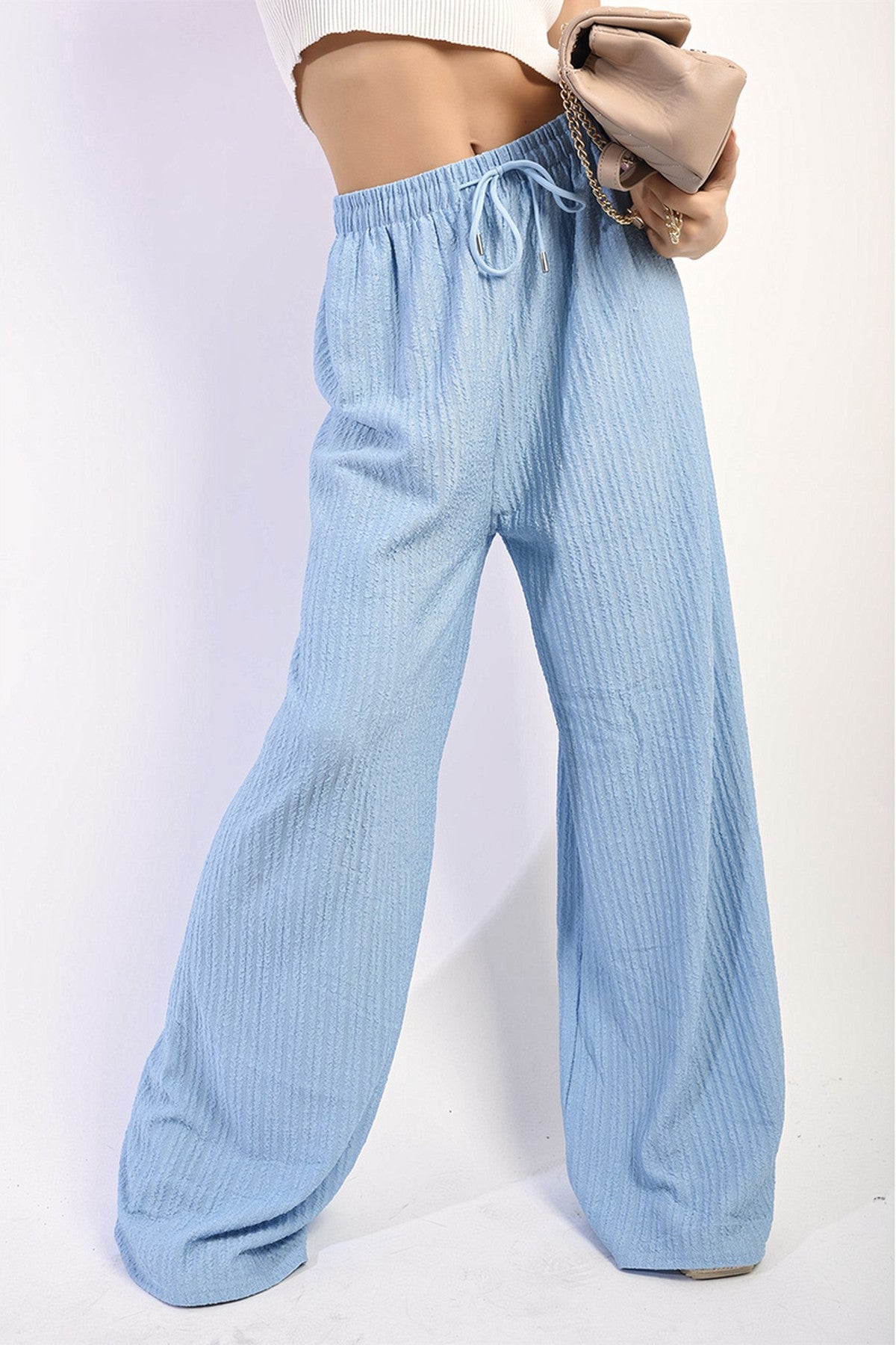 Carla Textured Wide Leg Drawstring Trousers - Sky Blue