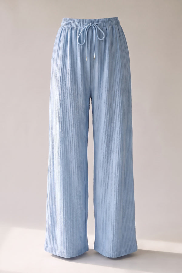Carla Textured Wide Leg Drawstring Trousers - Sky Blue