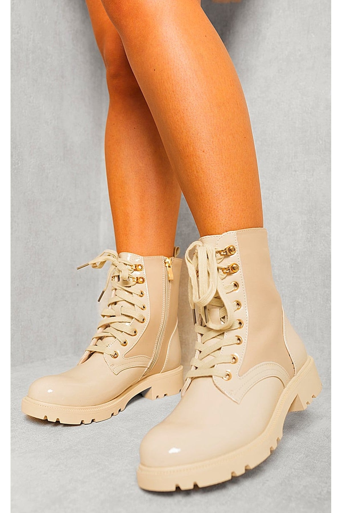 Carly Platform Lace Up Chunky Boots - Beige