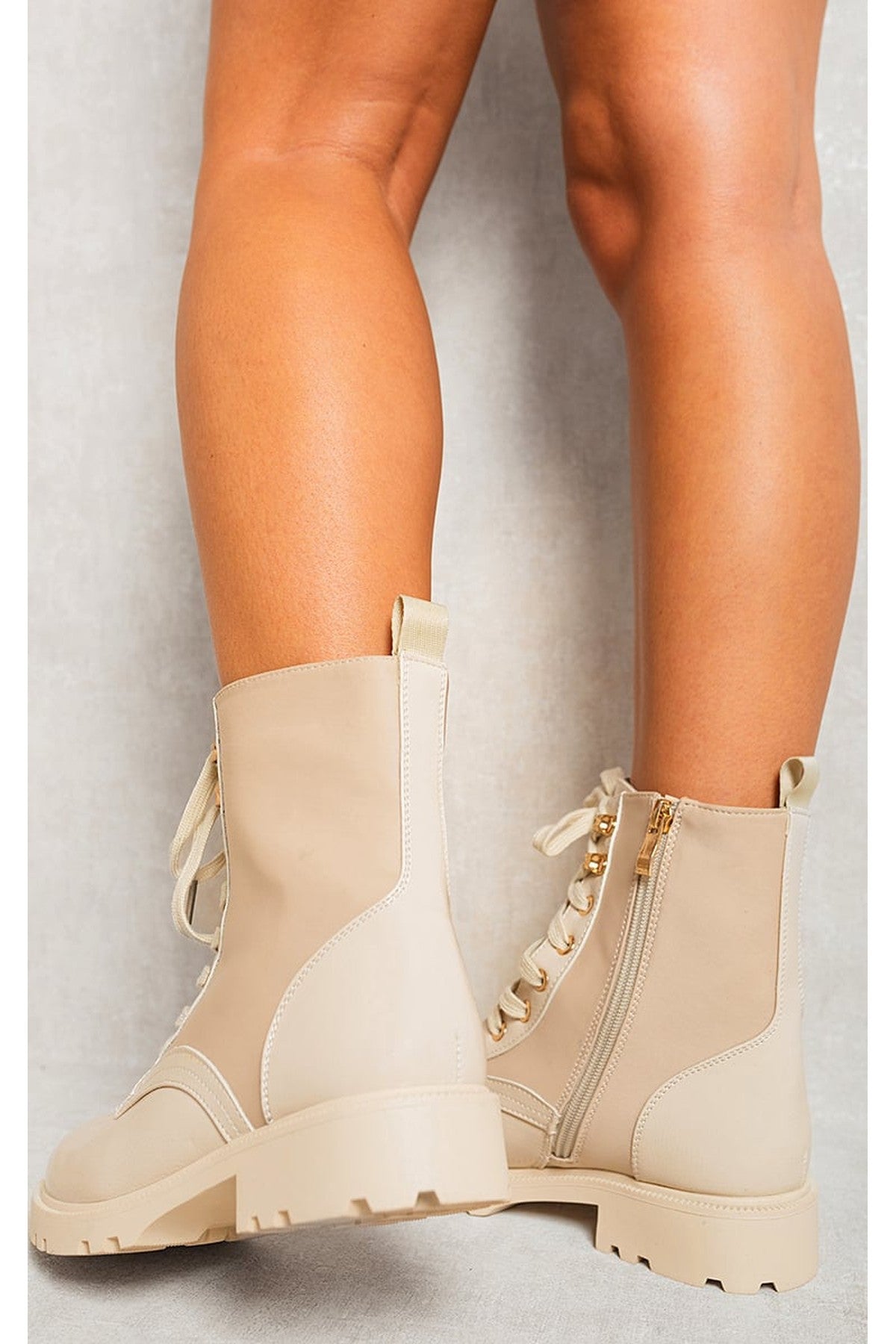 Carly Platform Lace Up Chunky Boots - Beige