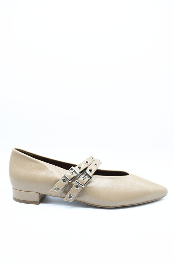 Caryn Low Heel Double Buckle Eyelet Strap Pointed Flat Shoes - Khaki