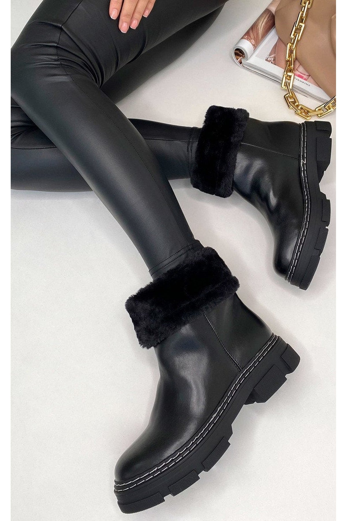 Cassie Faux Leather Fluffy Bow Ankle Boots - Black