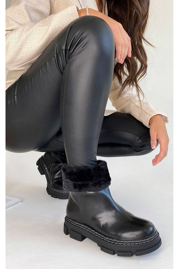 Cassie Faux Leather Fluffy Bow Ankle Boots - Black