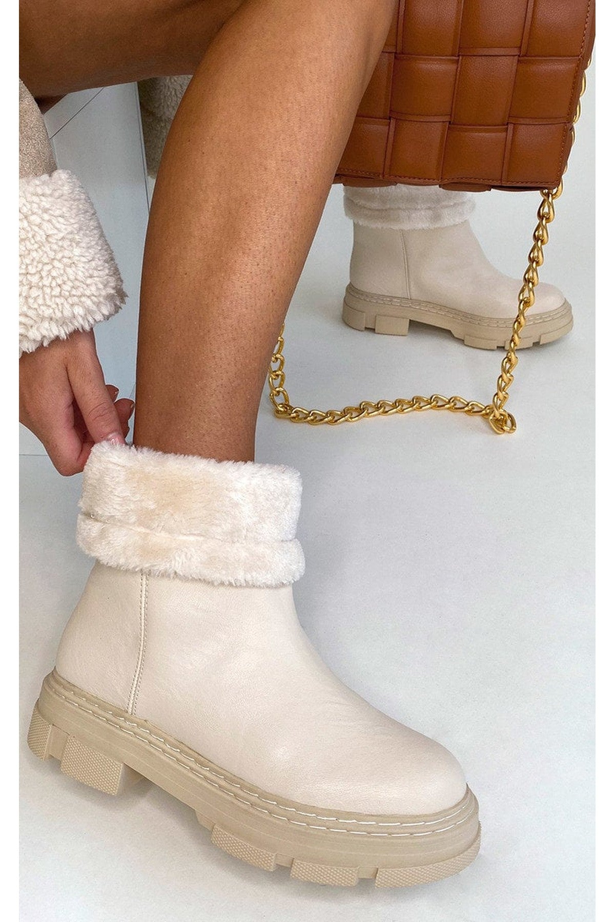 Cassie Faux Leather Fluffy Bow Ankle Boots - Cream