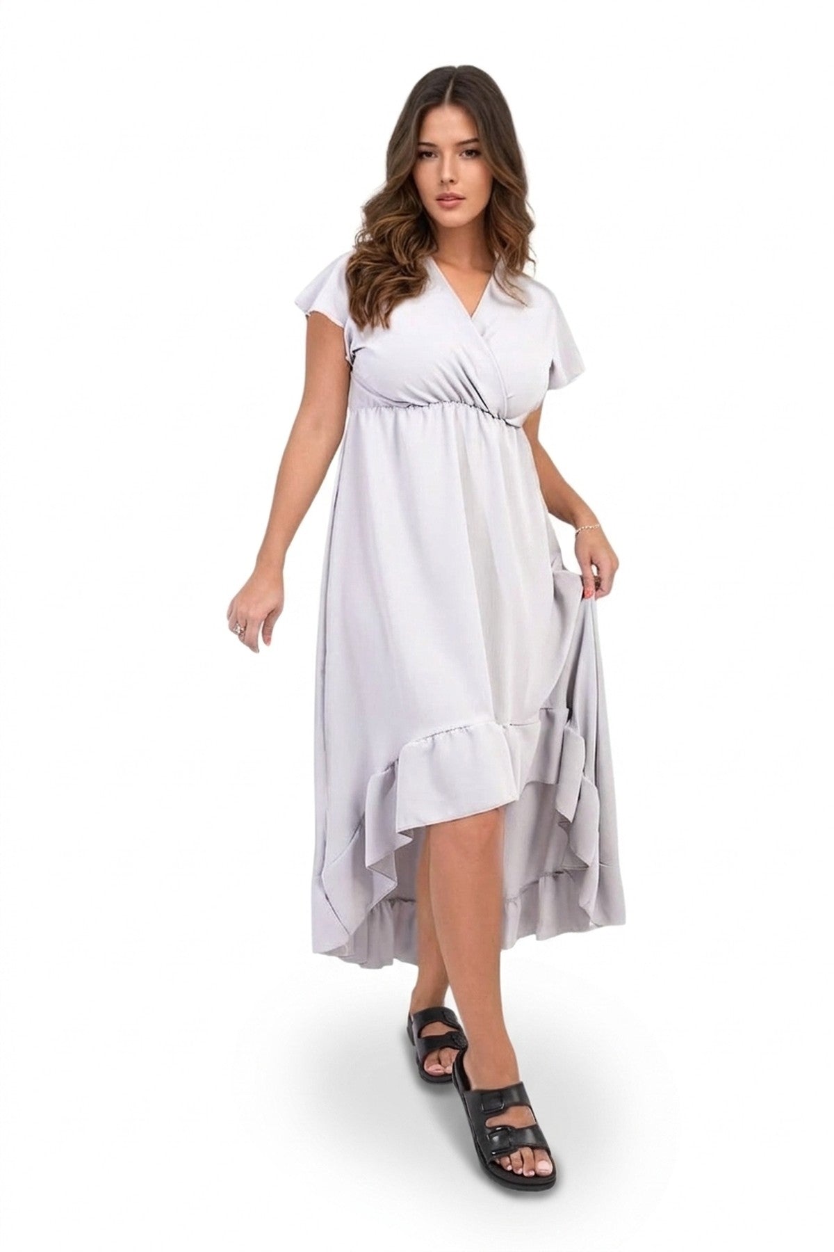 Catalina High Low Ruffle Hem Maxi Dress - Grey