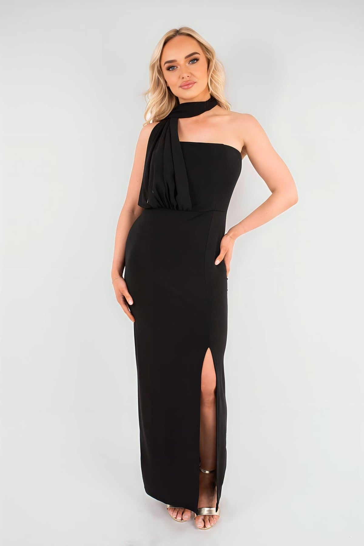 Celeste High Slit Draped Scarf Maxi Dress - Black
