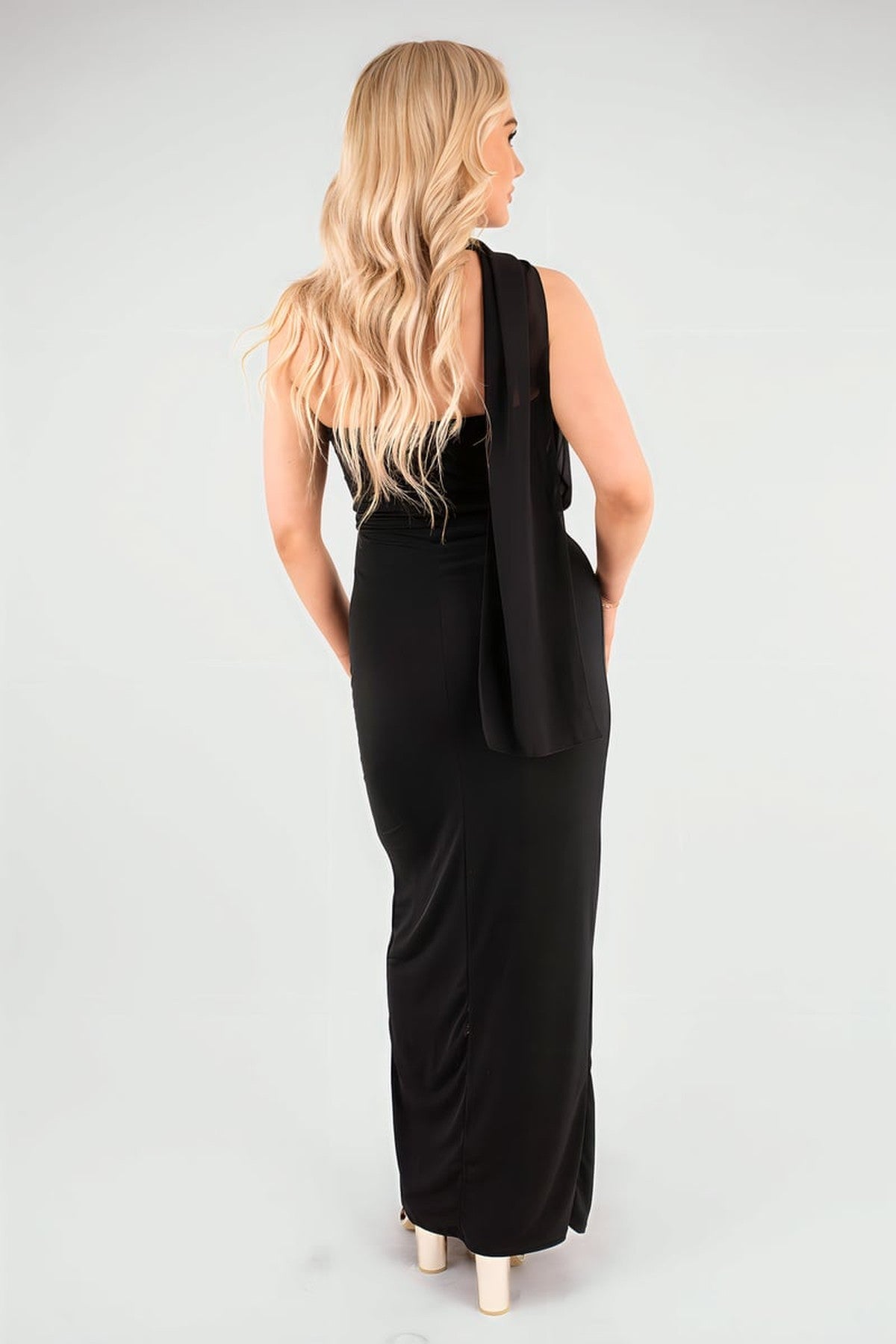 Celeste High Slit Draped Scarf Maxi Dress - Black