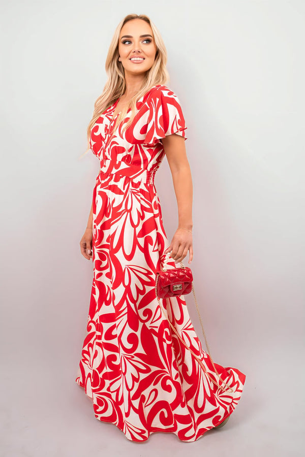 Celia Printed Short Sleeve Button Down V-neck Maxi Dress - Red