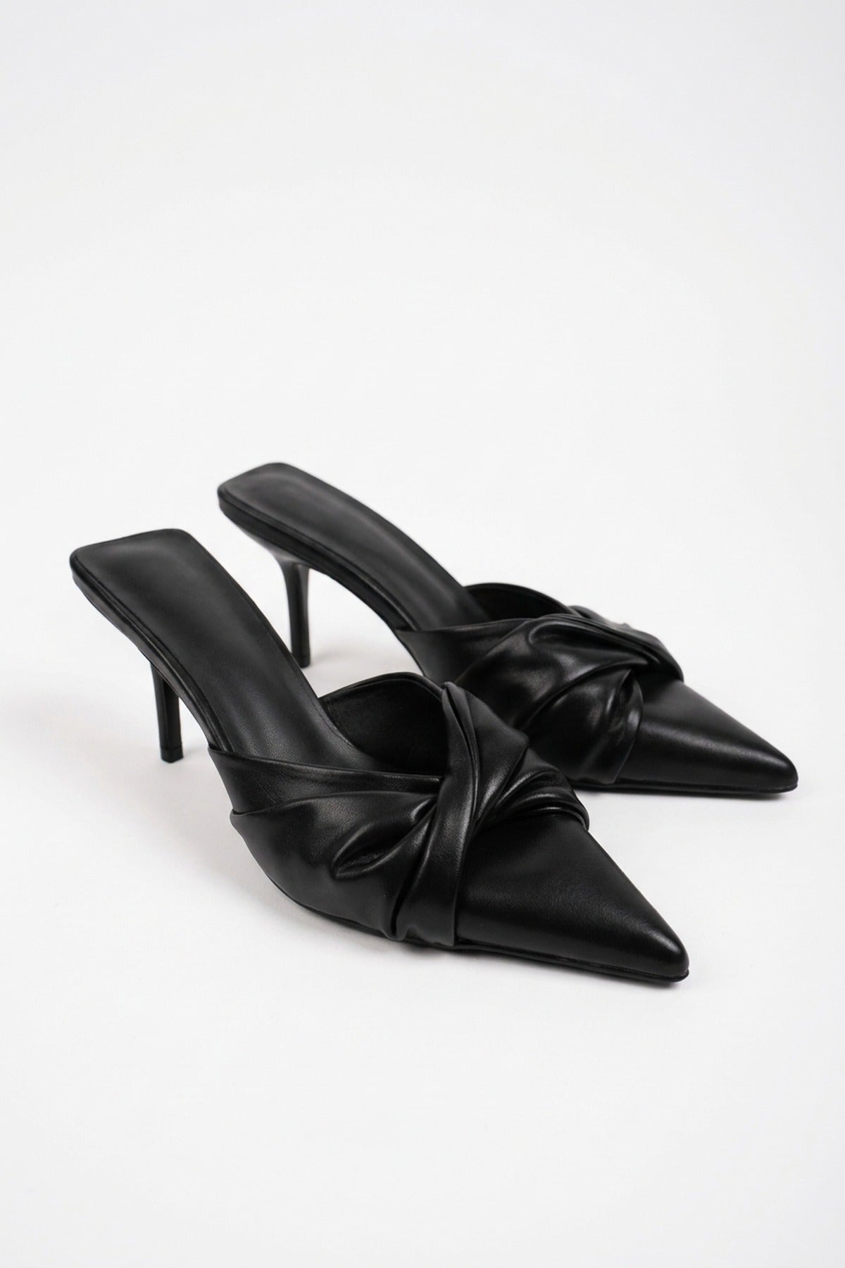 Ines Knotted Front Pointed Toe Kitten Heel Mules - Black