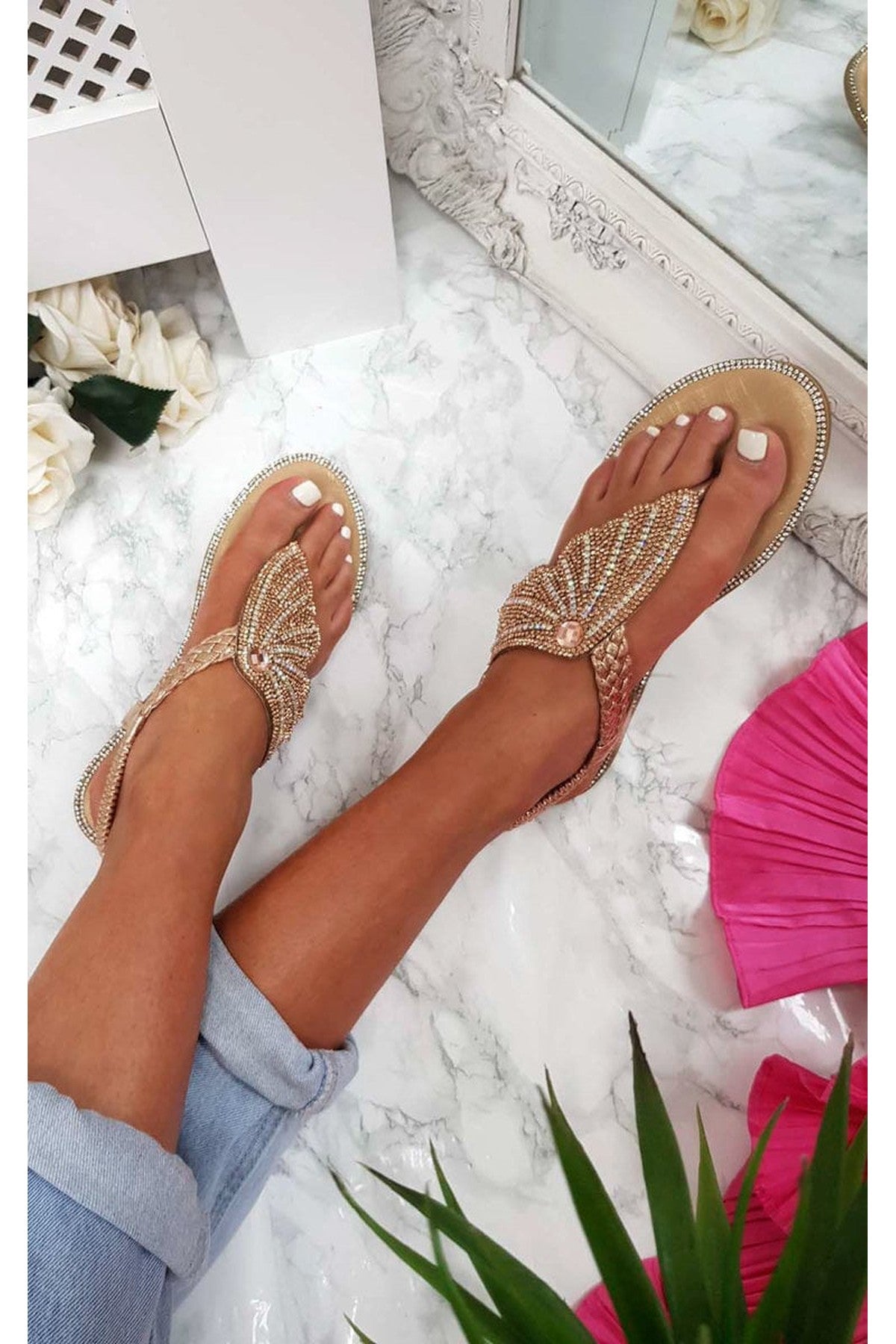 Orlagh Diamante Embellished Sandals - Champagne