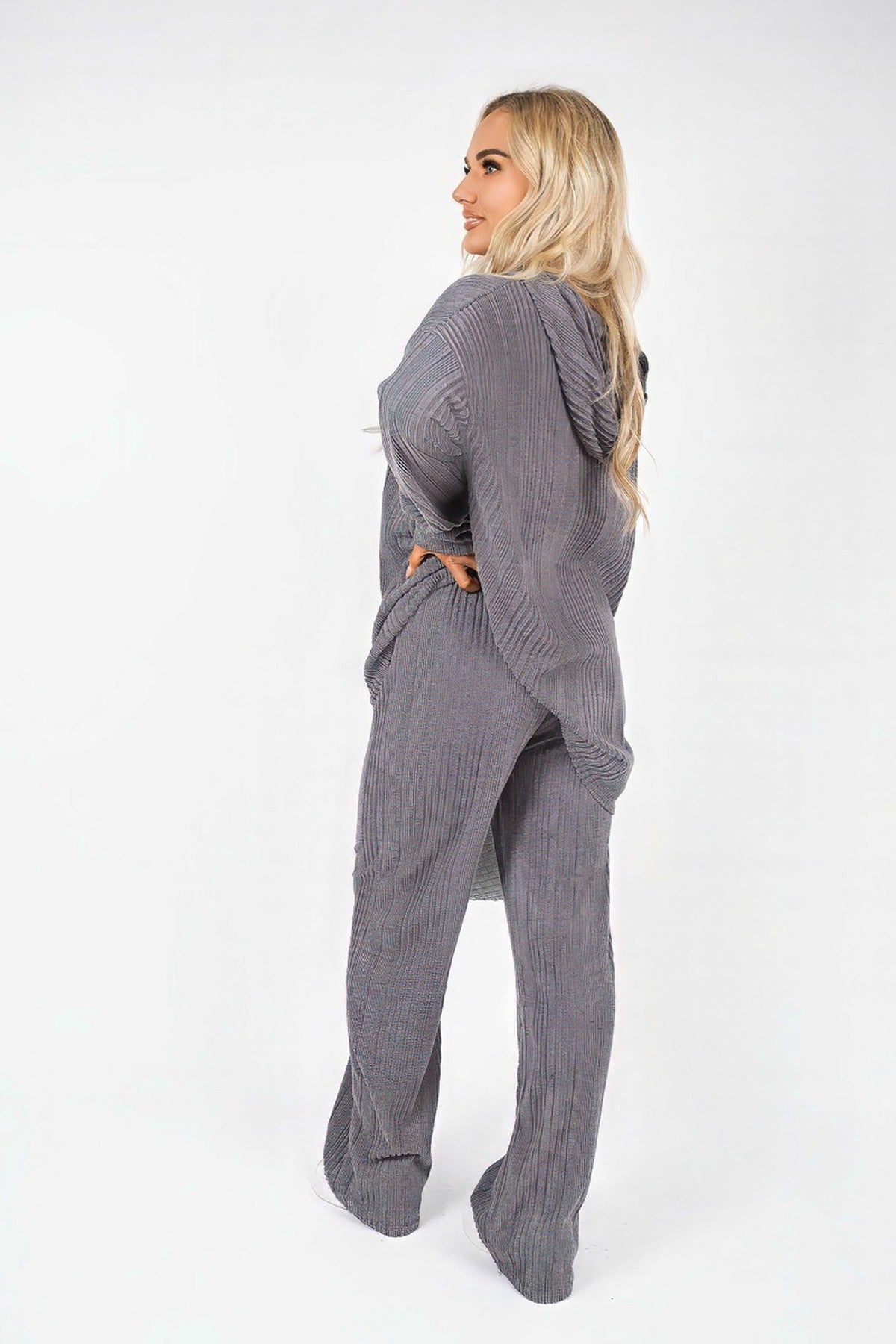 Zayana Hooded Ribbed Oversized Top And Wide Leg Lounge Co-ord Set - Charcoal