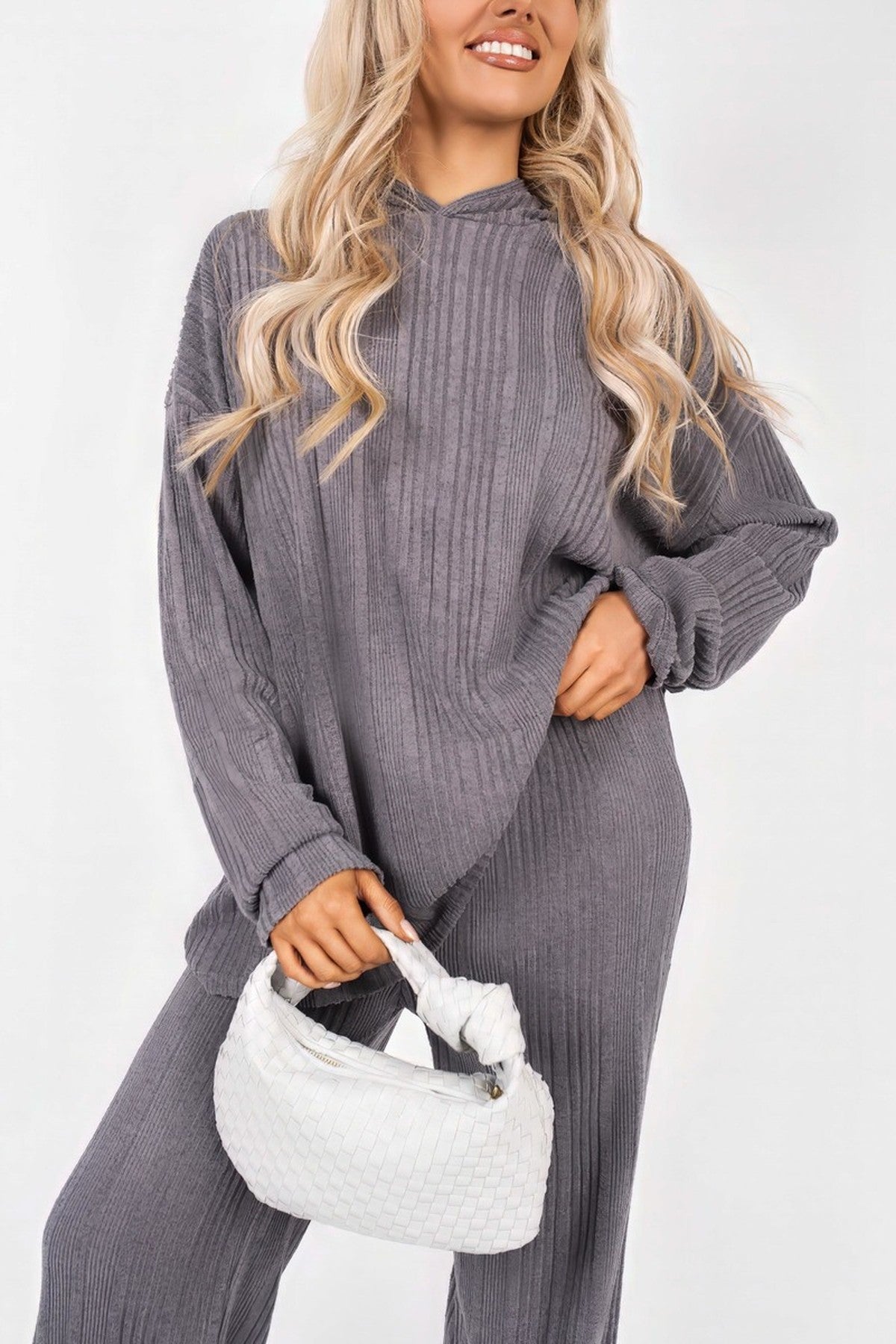 Zayana Hooded Ribbed Oversized Top And Wide Leg Lounge Co-ord Set - Charcoal