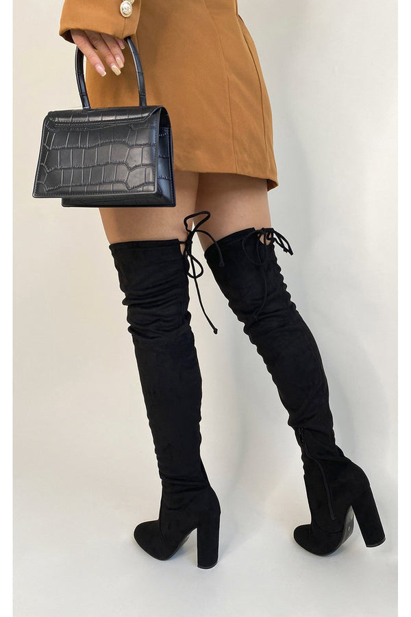 Yelena Knee Length High Heeled Boots - Black