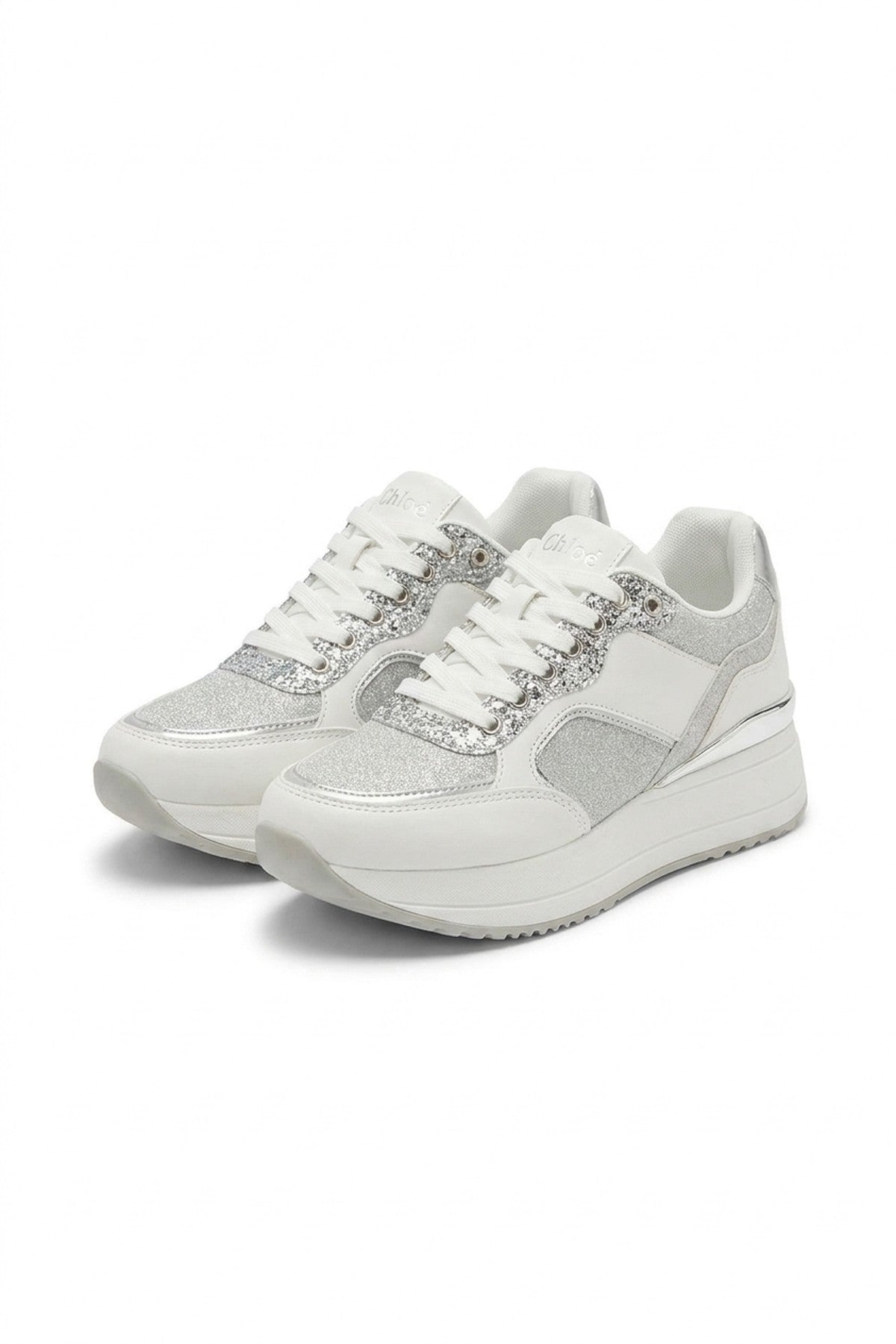Briony Womens Glitter Panel Platform Trainers - Silver