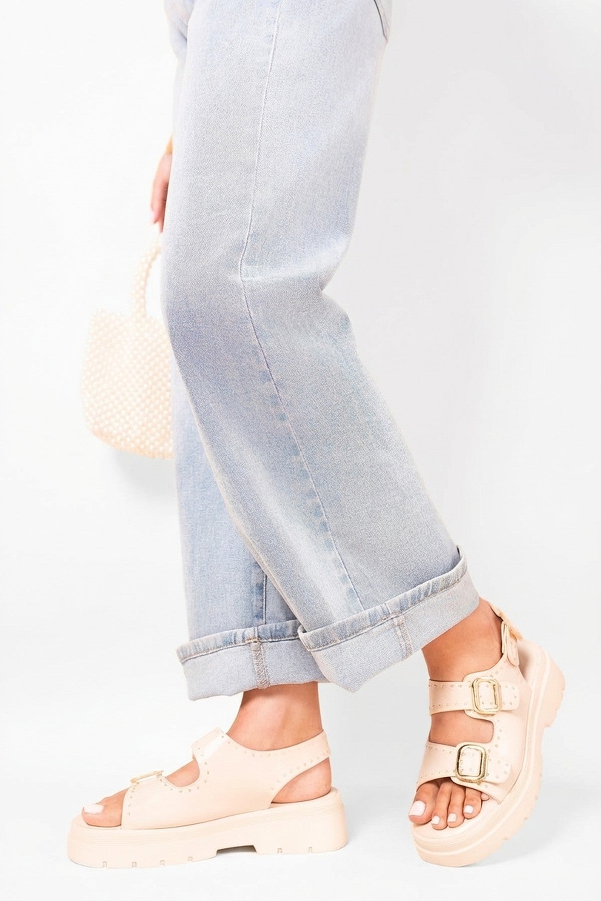 Zora Chunky Double Buckle Studded Platform Sandals - White_wb
