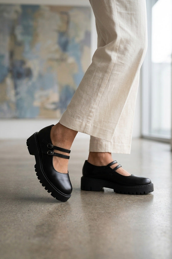 Cordelia Chunky Platform Double Strap Mary - Black