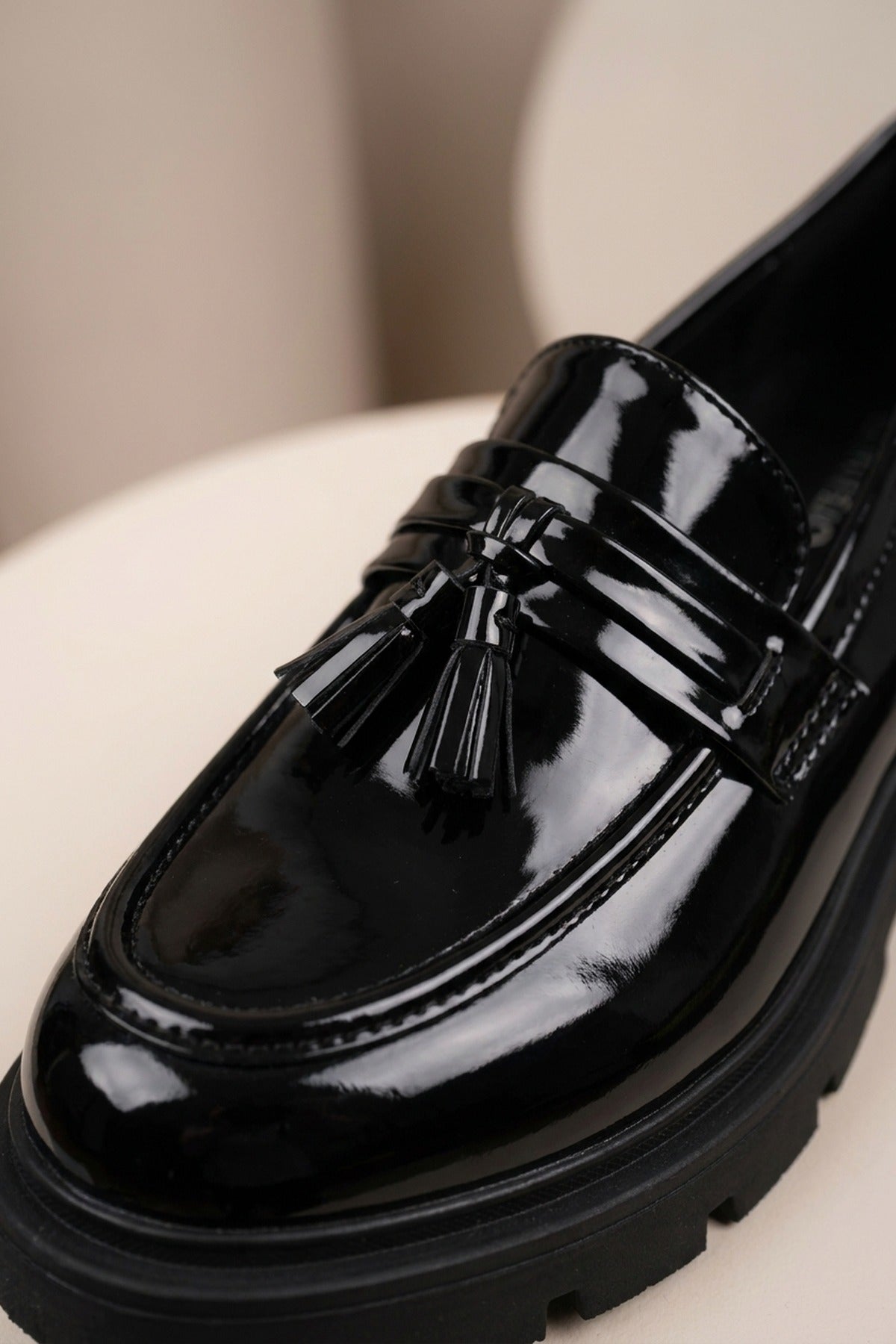 Saoirse Patent Chunky Sole Tassel Loafers - Black