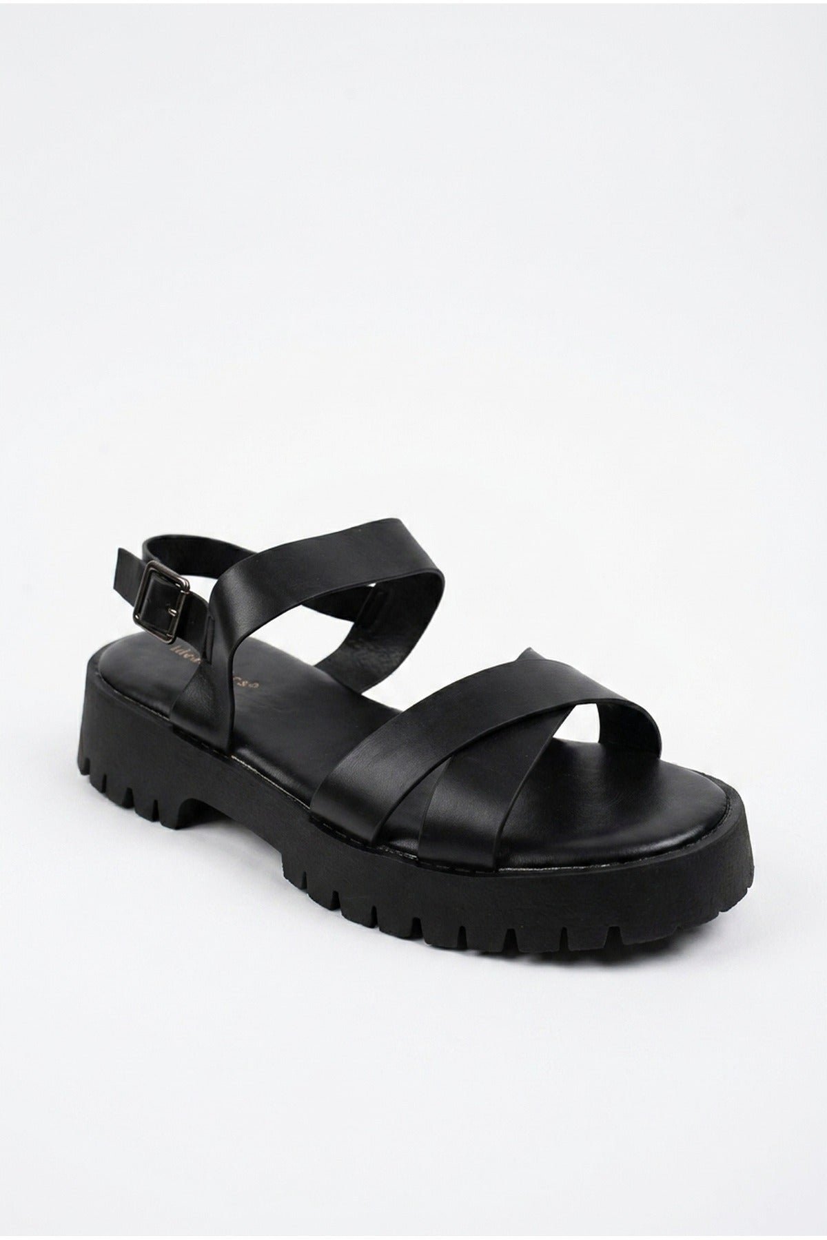 Edie Chunky Sole Crossover Strap Sandals - Black