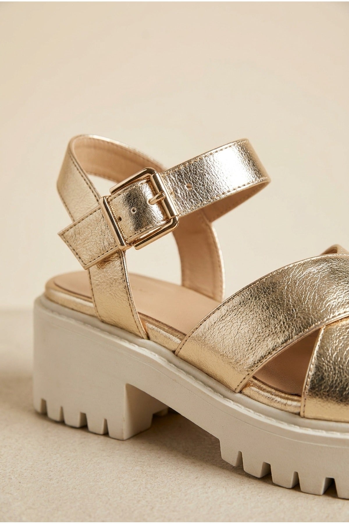 Edie Chunky Sole Crossover Strap Sandals - Gold