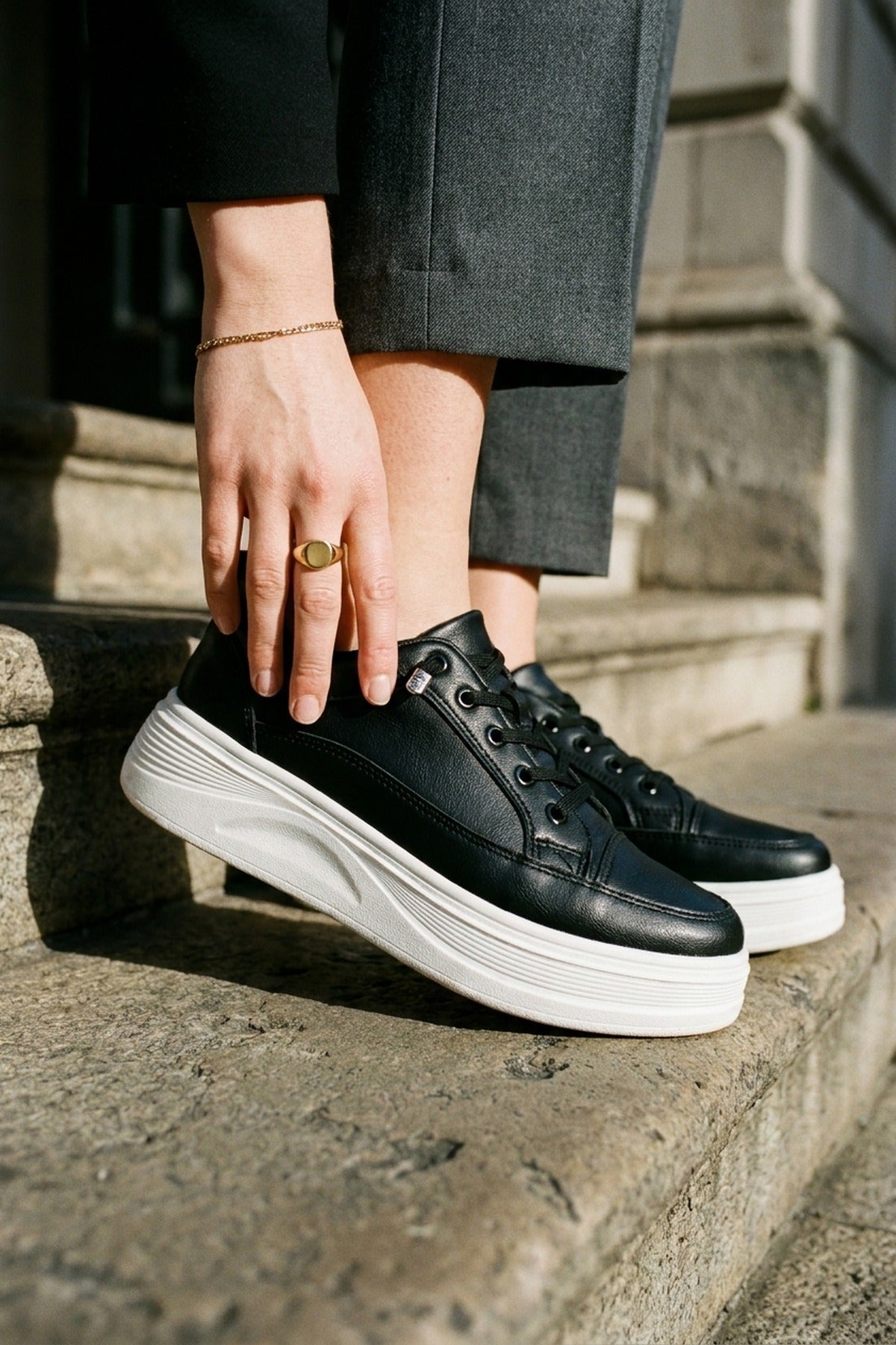 Bronagh Faux Leather Platform Trainers - Black