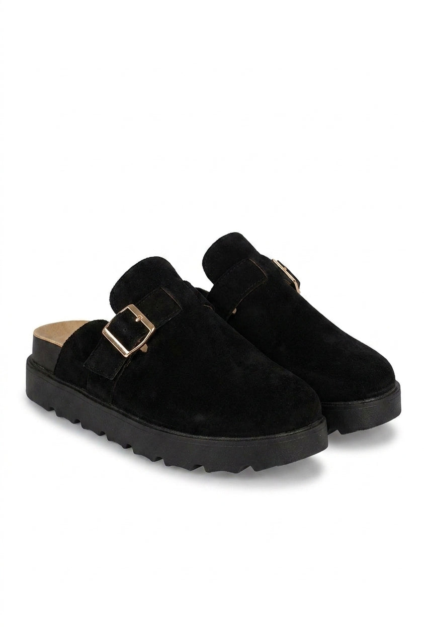 Serelina Chunky Sole Flat Slip-on Buckle Sliders - Beige_wb