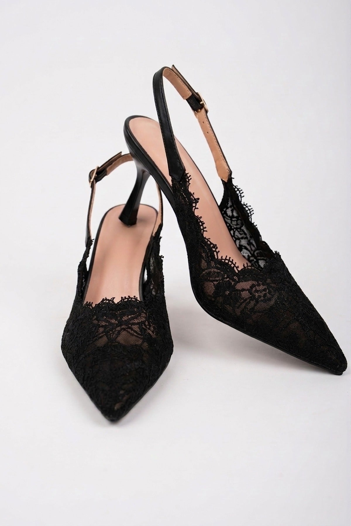Odette Floral Lace Pointed Toe Heels - Black