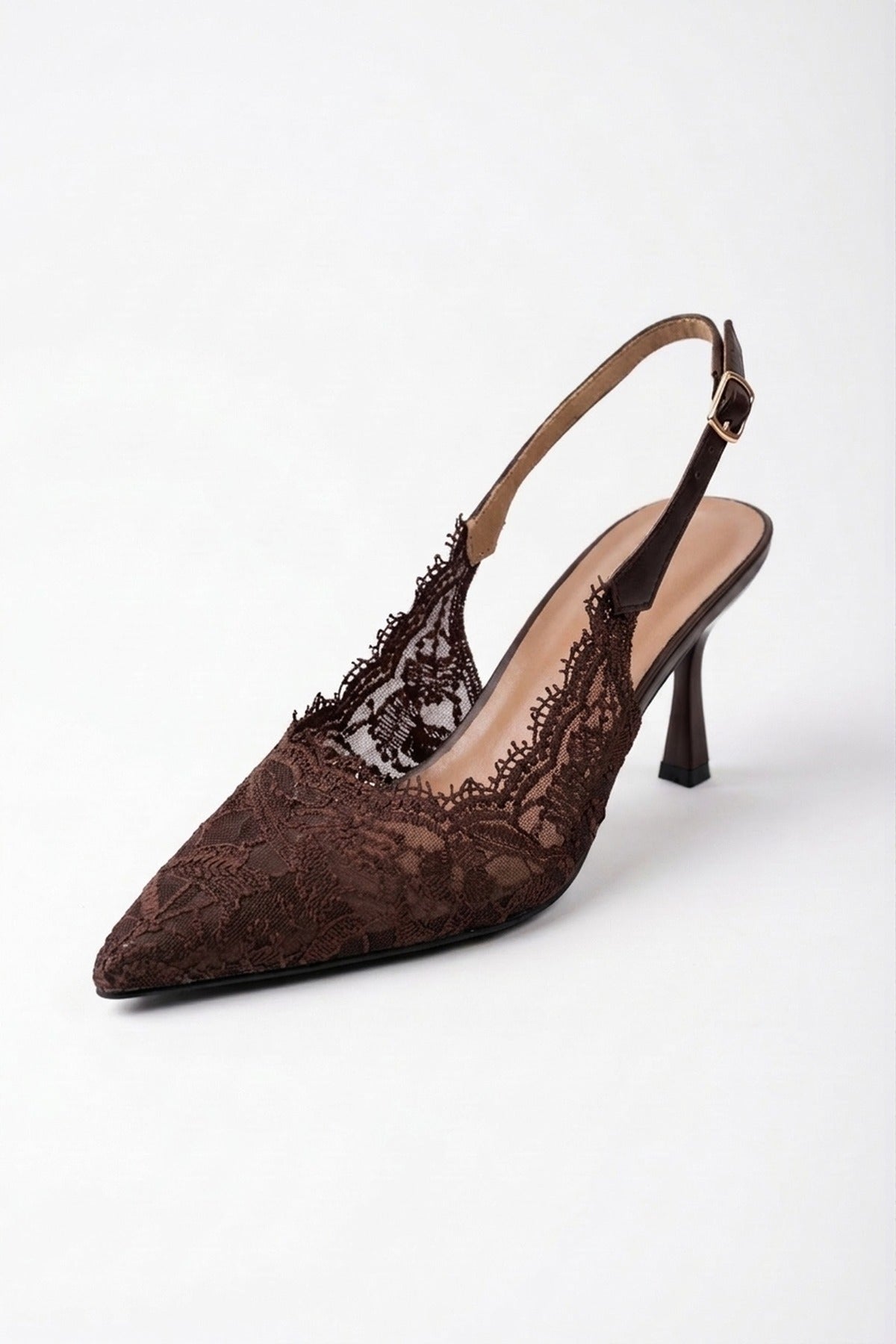 Odette Floral Lace Pointed Toe Heels - Brown