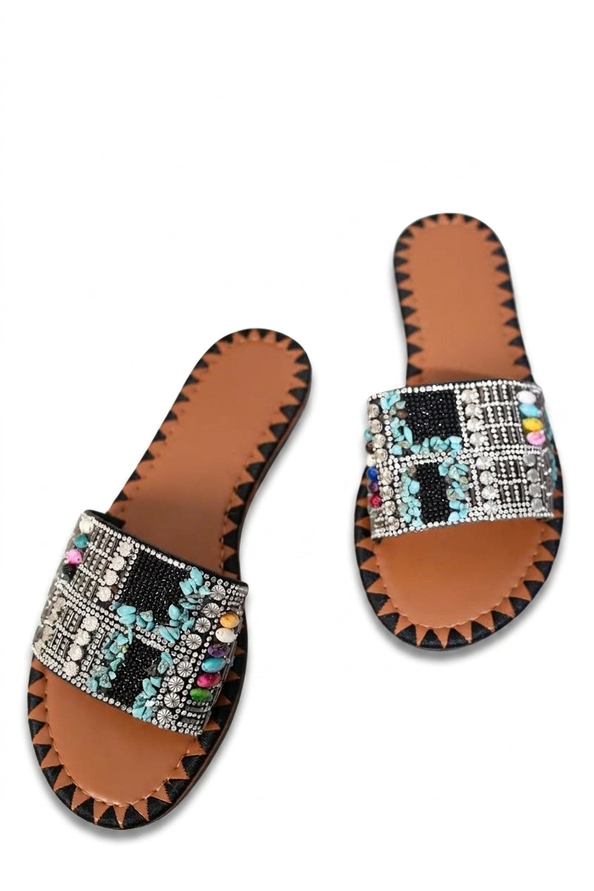 Cindy Open Toe Jewelled Flat Sandals - Black_wb